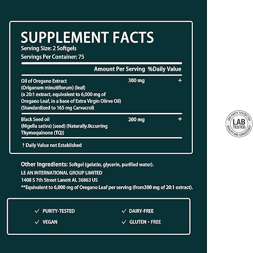 Miniatura 6 de Aceite de orégano-aceite de orégano con aceite de semilla negra, antioxidantes naturales y apoyo inmunológico, sin OMG y sin gluten, niveles de