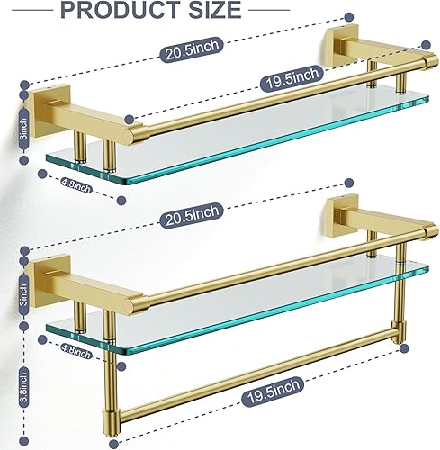 Miniatura 3 de Paquete de 2 estantes de vidrio de 20 pulgadas para baño, 21 pulgadas, soportes rectangulares de acero inoxidable, vidrio templado, accesorios de