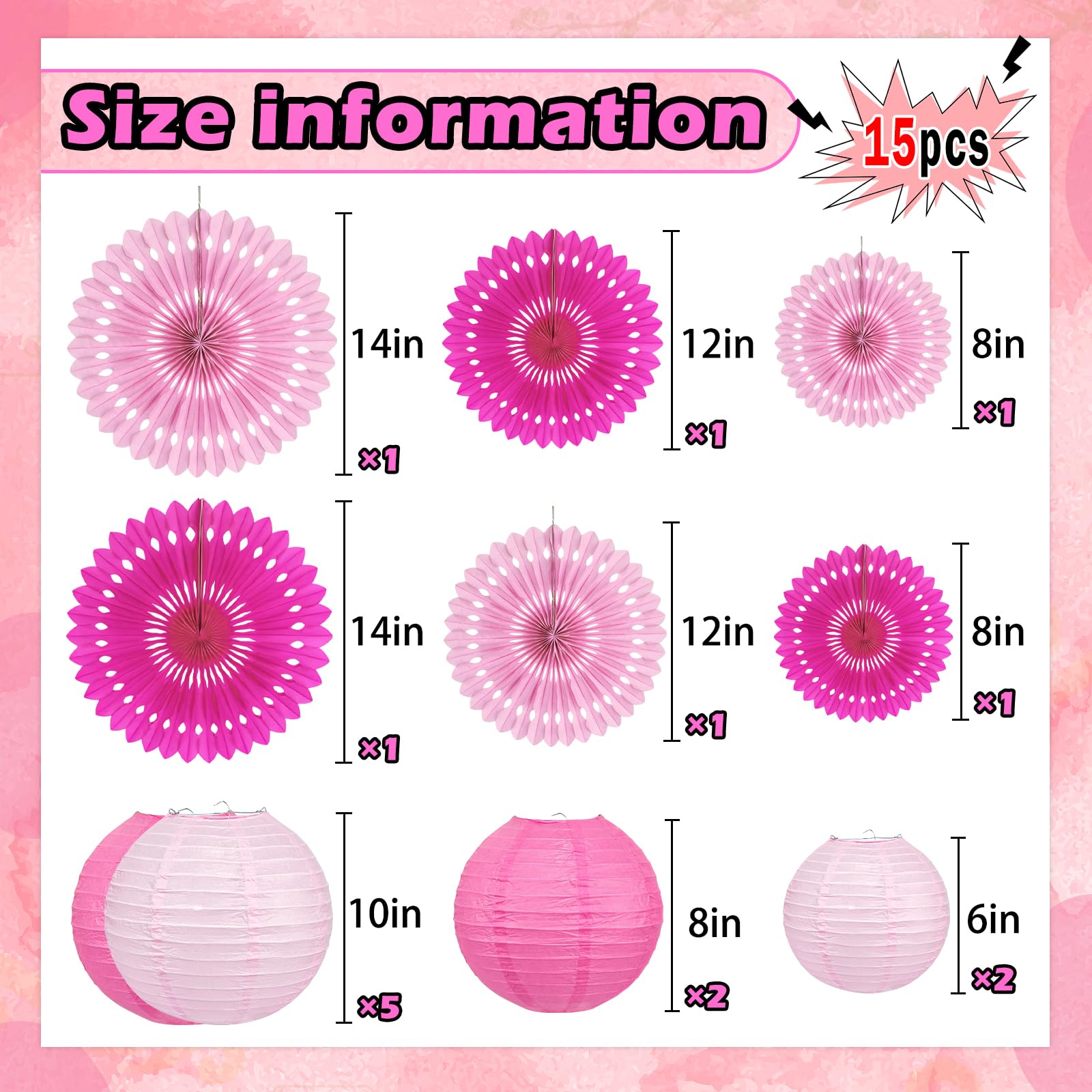 15Pcs Pink Party Decorations Set, Hanging Pink Paper Lanterns Paper Fans for Women Girls Birthday Wall Classroom Baby Shower Wedding Graduation Bachelorette Party Decor