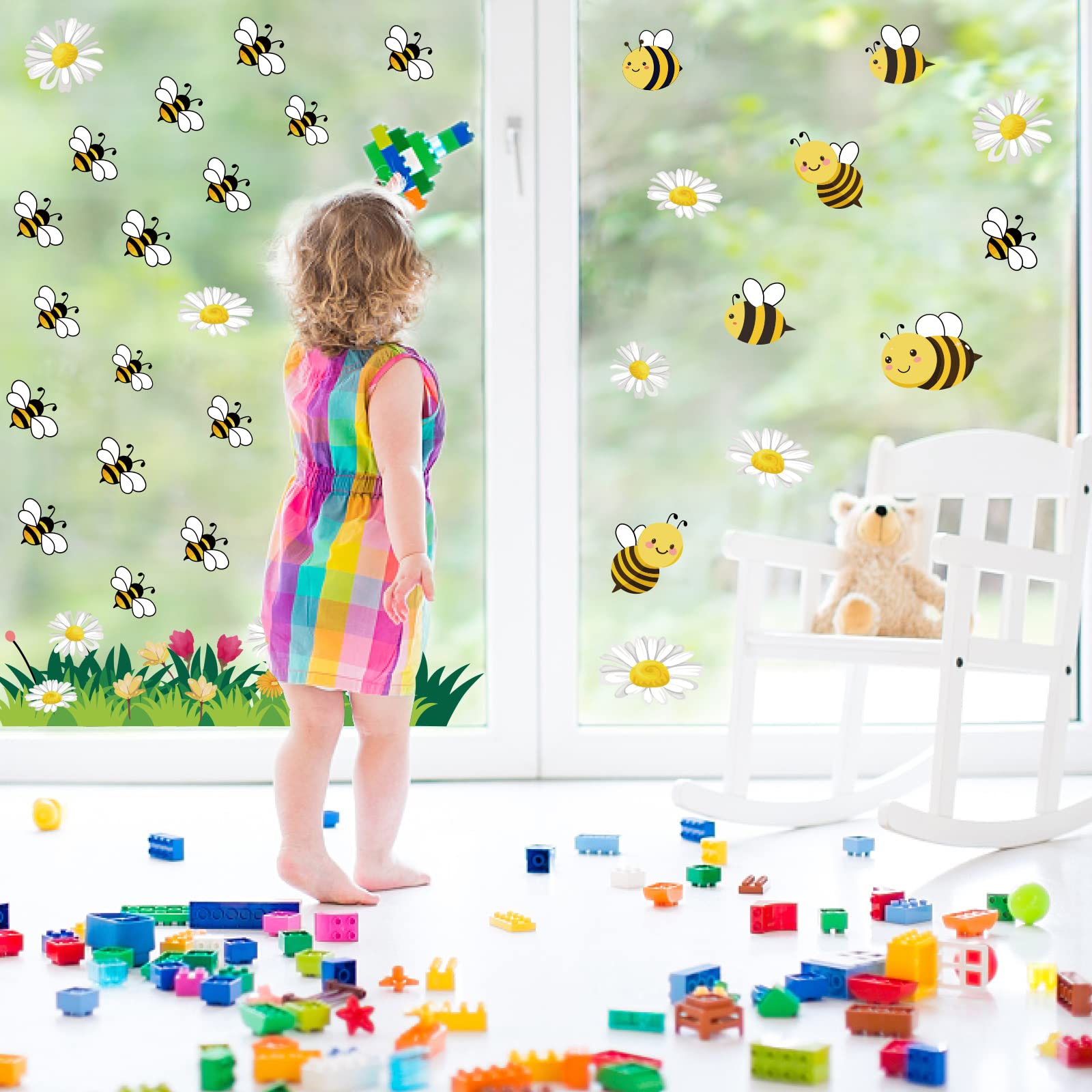 SUPERDANT Bee Wall Stickers and Decals Floral Grass Daisy Sticker Wall Decals Honey Bee Window Clings for Nursery Kids Room Bedroom Classroom Living Room Decorations - Image 3