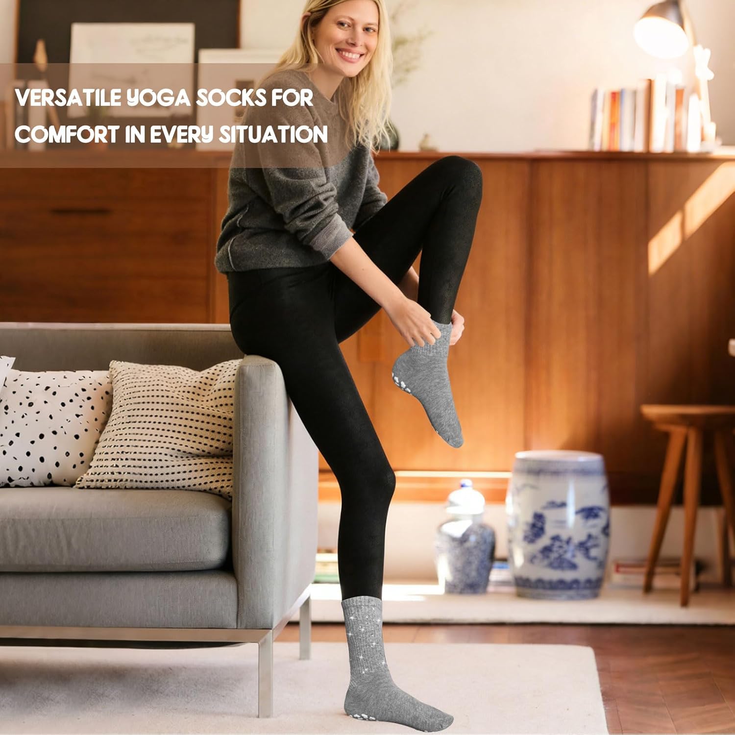 3 Pairs Cute Pilates Grip Socks for Women Bling Glitter Rhinestone Crew Non Slip Grip Socks for Yoga, Barre,Barefoot - Image 6