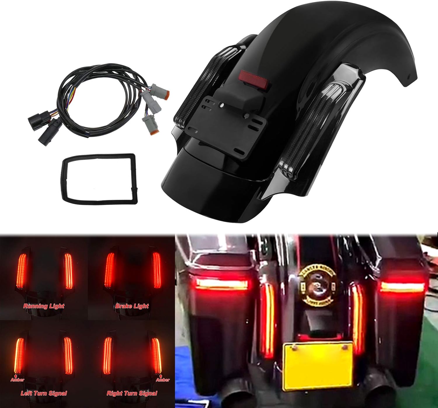 HDBUBALUS Motorcycle Rear Fender with LED Lighting System Fit for Harley Touring Street Glide Road King Electra Glide 2014-2025 (Smoke Lens)