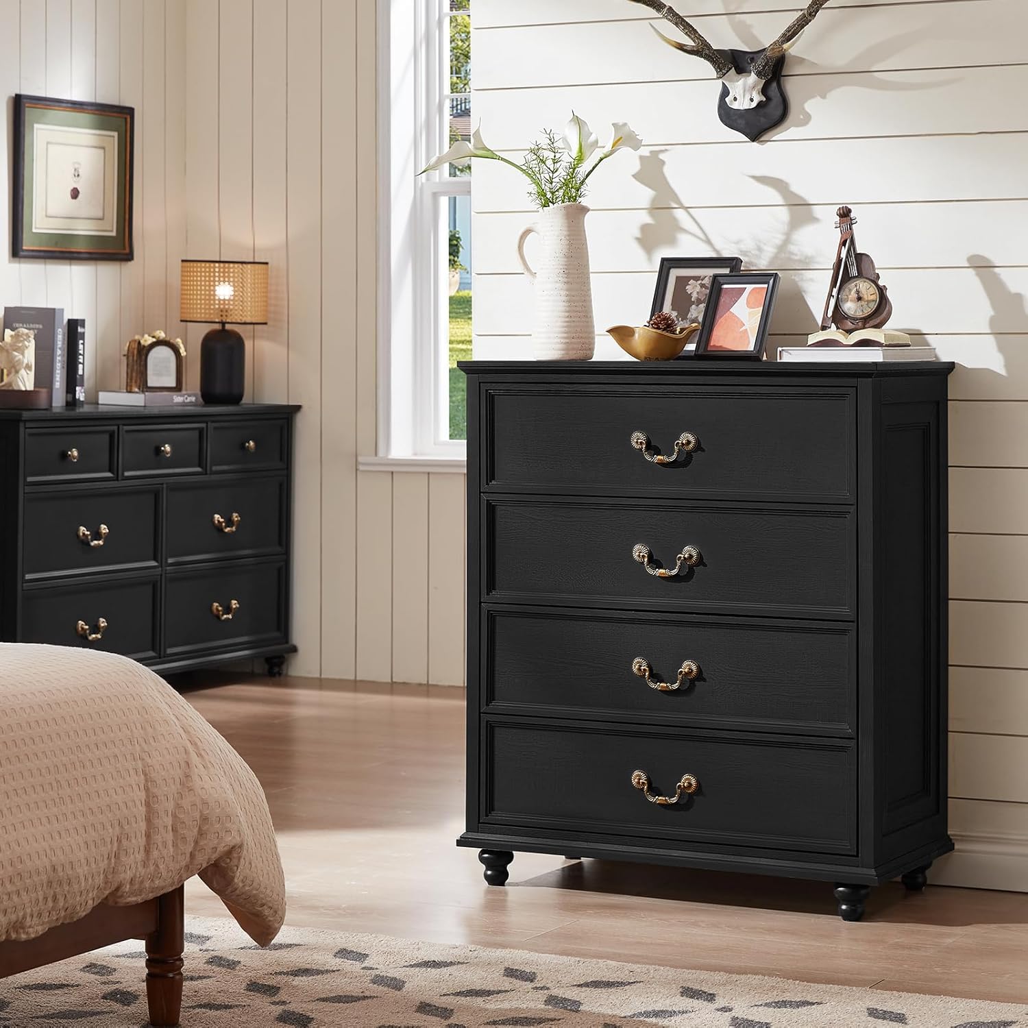Joaxswe 24" Wide Farmhouse Nightstand with Charging Station Set of 2,54" 7 Drawers Dresser, 37" Tall Rustic Chests of Drawers, Farmhouse Furniture Series for Bedroom,Black