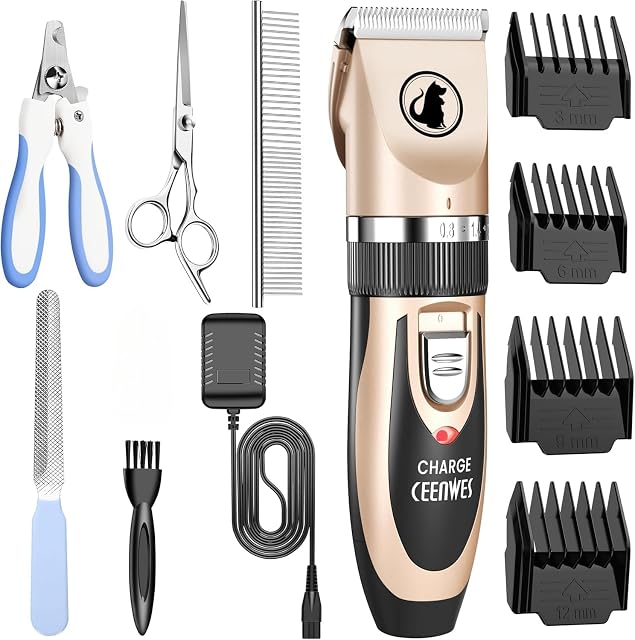 Ceenwes Pantoufles à faible bruit pour animaux de compagnie - Trimeur de chien rechargeable, outil de grooming sans fil avec guides de peigne, ciseaux, kits à ongles pour chiens, chats & Autres animaux poilus