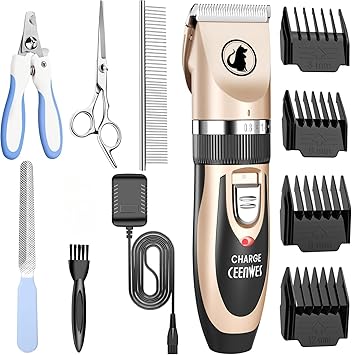 Ceenwes Dog Clippers Low Noise Pet Clippers Rechargeable Trimmer Cordless Grooming Tool Professional Dog Hair Trimmer with Comb Guides Scissors for Dogs Cats & OthersGold