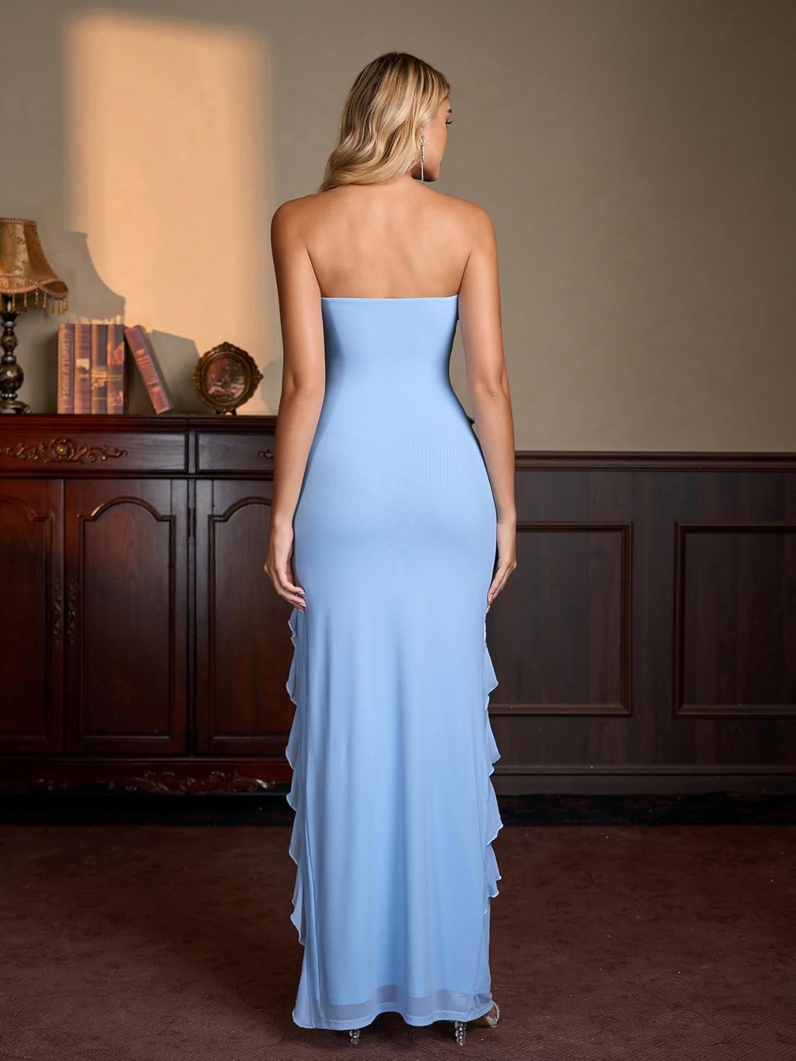 EYNMIN Summer Wedding Guest Dresses for Women 2026 Strapless Tube Ruffle Slit Mesh Bodycon Maxi Long Cocktail Party Dress - Image 4