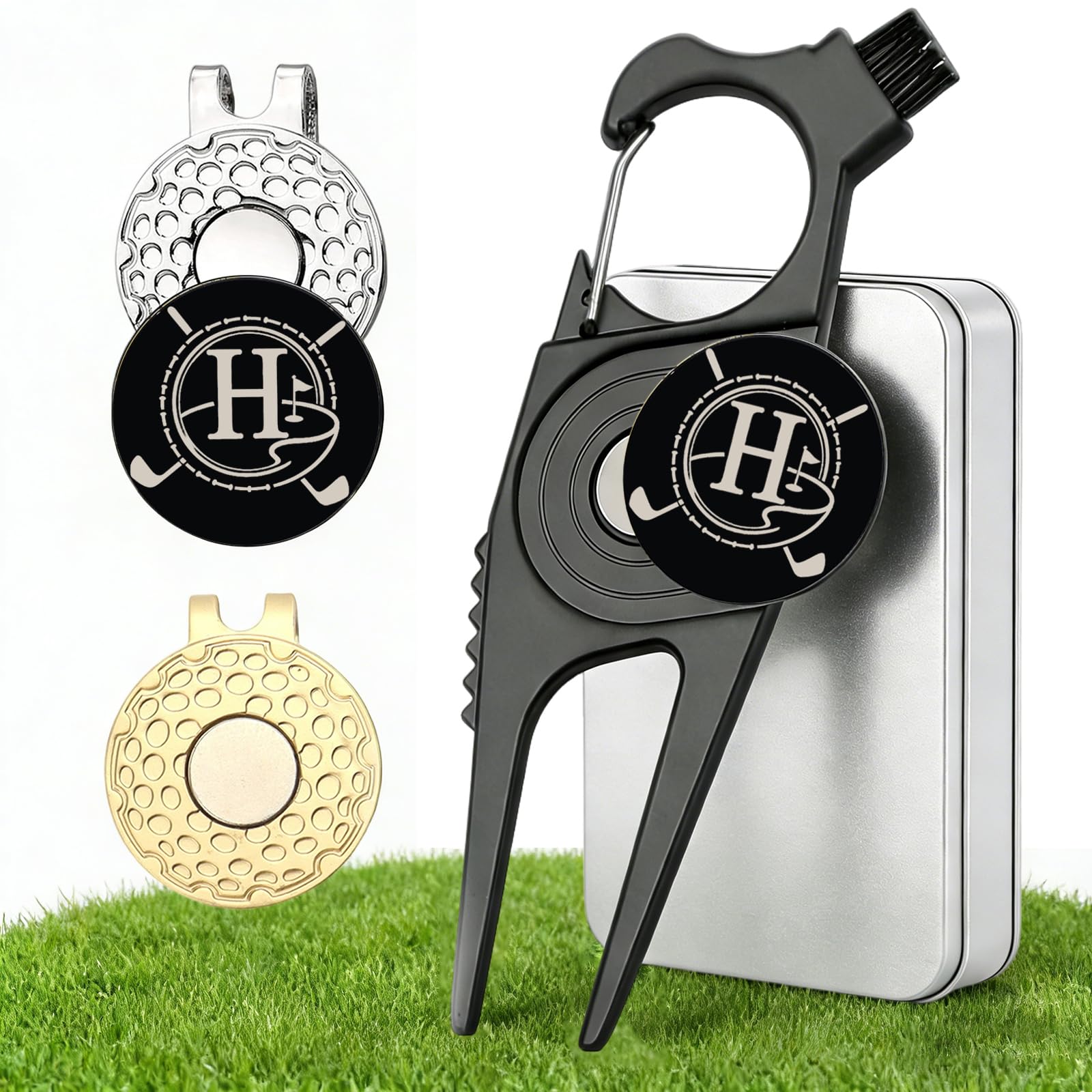 Golf Divot Repair Tool with Personalized Letter Ball Marker, Magnetic Clip