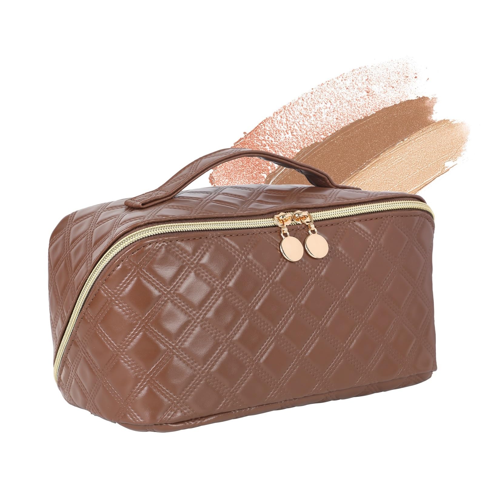 STYLIFING Travel Makeup Bag,Large Capacity Cosmetic Bags for Women,Waterproof Portable Pouch Open Flat Toiletry Bag Make up Organizer with Divider and Handle, Dark-brown, Travel Makeup Bag