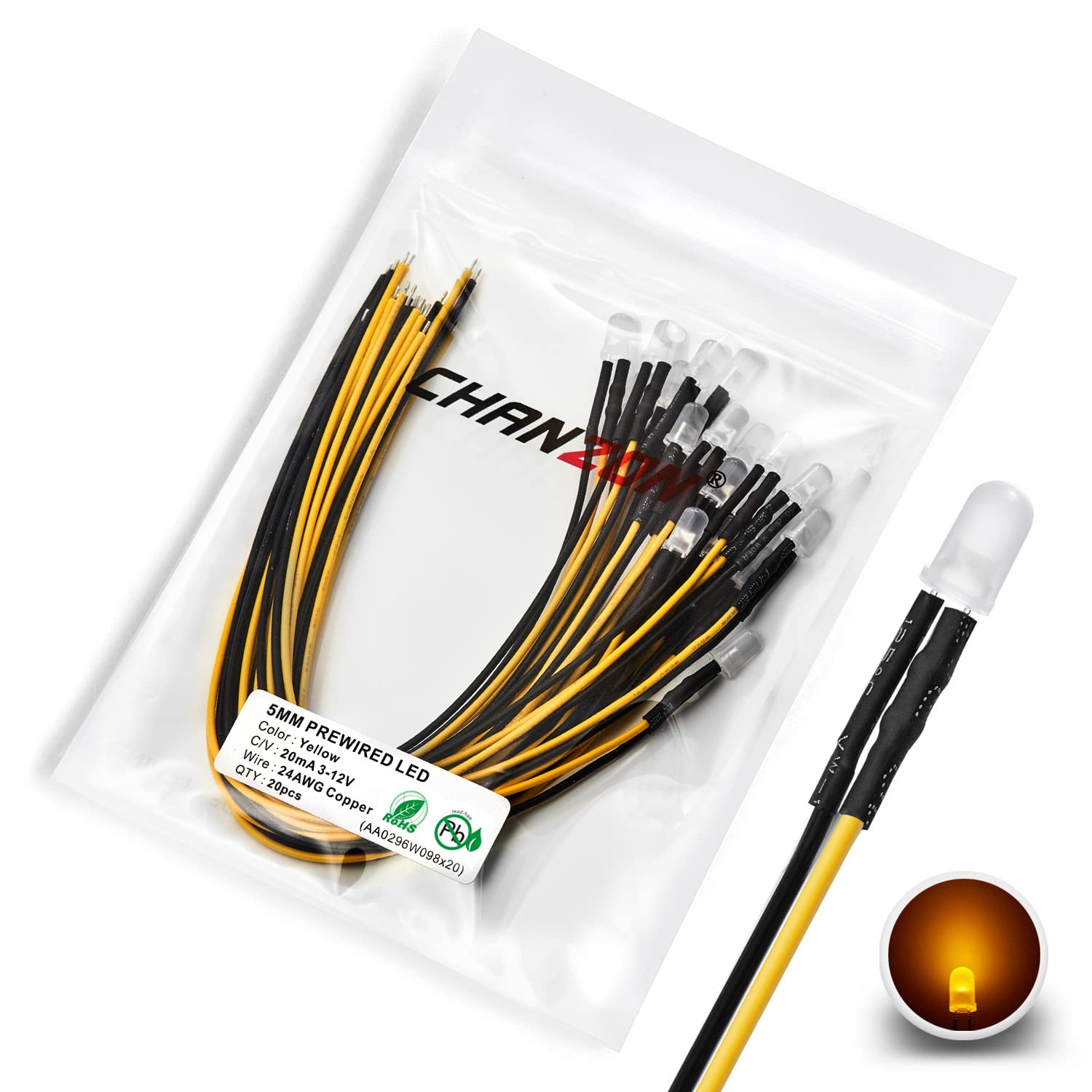 CHANZON [UL Wire] 20 pcs Pre-Wired 5mm Yellow LED Diode Lights (Round Diffused Frosted Lens DC 12V) with 680 ohms 1/4W Resistor and 24awg Wire Indicator Light Emitting Diodes Lighting 5mmled-image-21