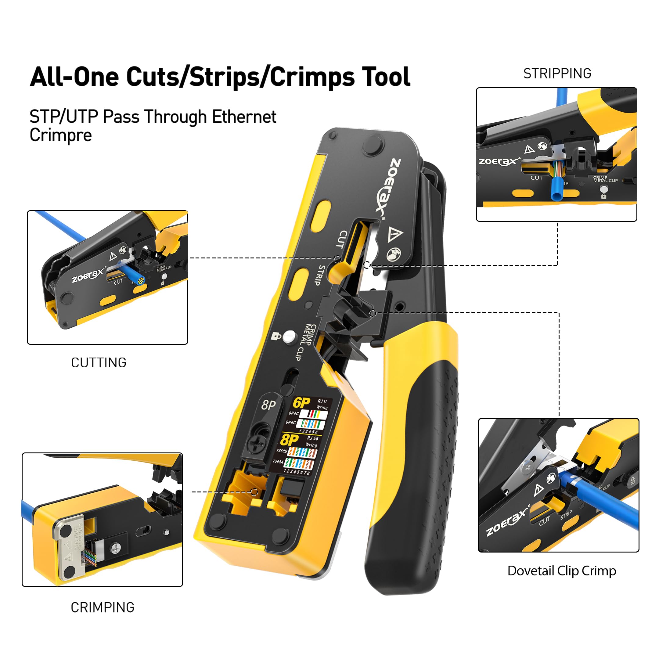 Strumento di crimpatura Cat7 RJ45, kit di crimpatura Ethernet Cat 7 Cat6A, strumento di crimpatura di rete con tester per cavi, spellafili multistrato, lame, 50 connettori Cat 7 e stivali antistrappo