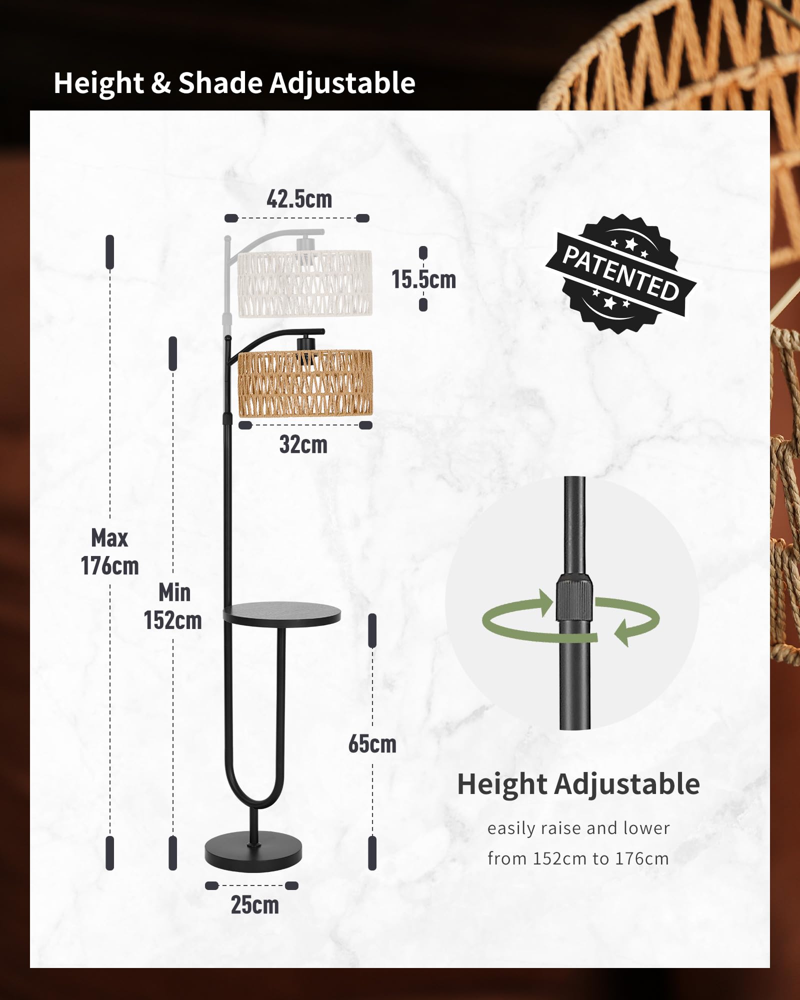 Lampadaire Vintage avec Étagères Noir Métal Rotin Boho Hauteur réglable 152-176cm Douille E27 Câble 2m