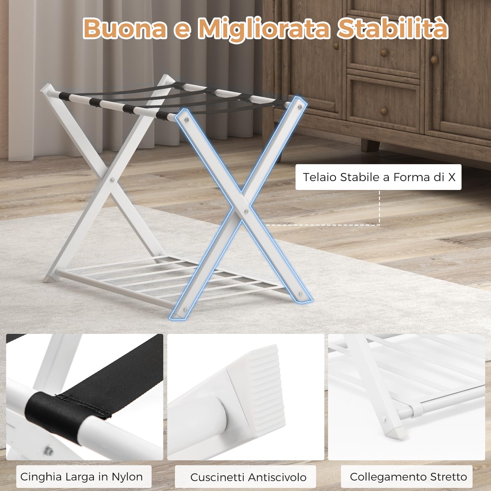 GYMAX Portavaligia da Hotel in Ferro 50 kg Pieghevole a 2 Ripiani 68x45x57 cm 2 Pezzi Bianco