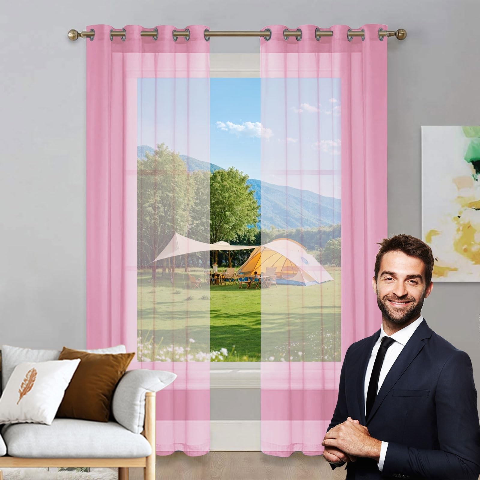 Rideau en tulle 150 x 165 cm rose avec œillets pour drapé occultant de cérémonie