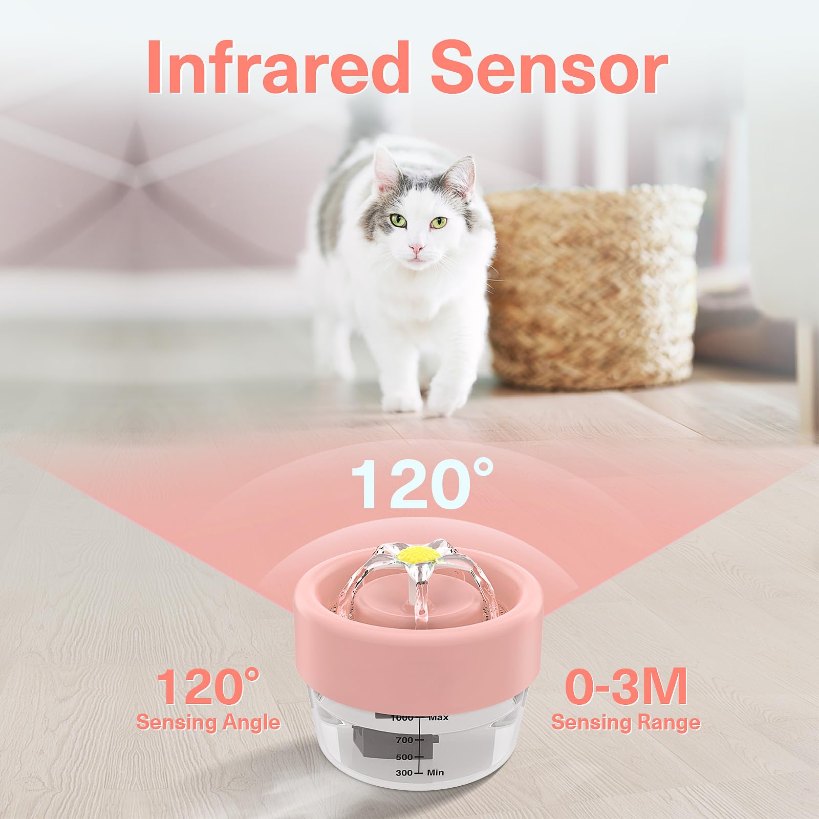 Jewyow Fontana per Gatti Senza Fili, 1 L Fontana per Gatti Automatica Ultra Silenziosa, Fontana per Gatti Alimentata a Batteria da con Rilevatore di Movimento,1000 mAh, 25s, per Gatti e Cani, Rosa