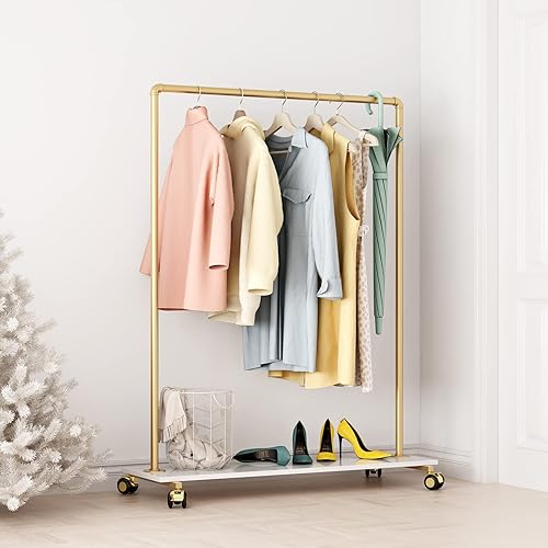 Miniatura 10 de Perchero de ropa resistente con estantes para colgar ropa, perchero independiente de metal dorado para exhibición minorista (47.24 pulgadas de largo)