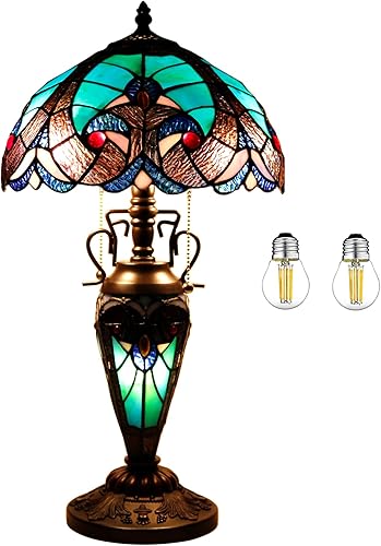 WERFACTORY Tiffany - Lámpara de mesa estilo verde de vitral, 12 x 12 x 22 pulgadas, jarrón para madre e hija, decoración de escritorio, dormitorio,