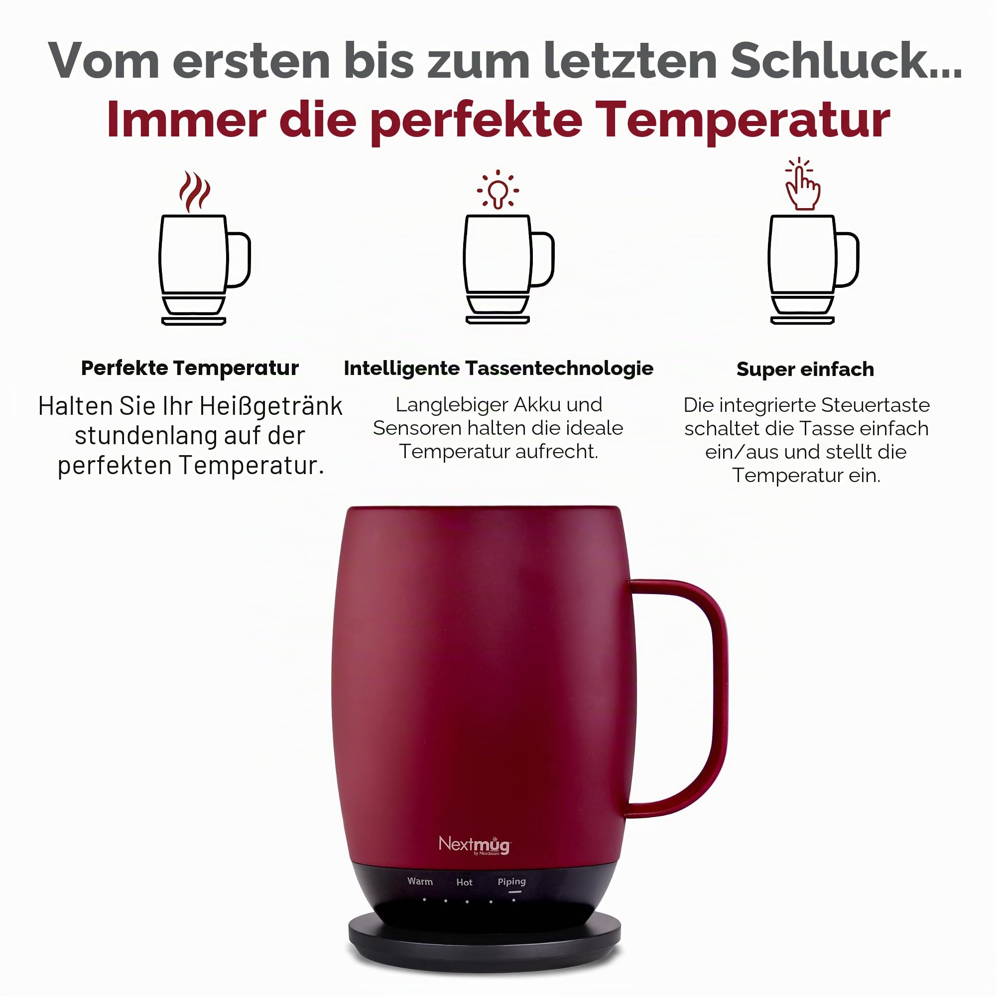 Nextmug Plus (Burgundy - 510.3 g) Temperaturgesteuerter, selbstheizender Becher - Keine App, langlebiger Akku für Arbeit & Studium, tolles Geschenk für Kaffeeliebhaber