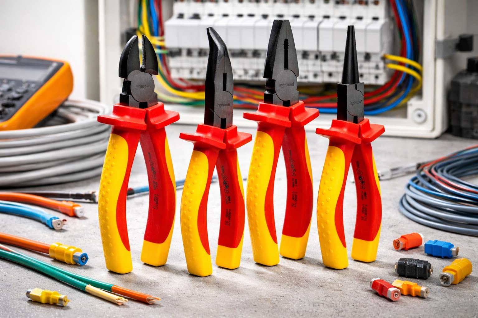 Set INGDAUM® VDE di 4 pinze con tronchese laterale, pinza a becchi mezzotondi curvi, a becchi tondi e universale, ciascuna da 6"/160 mm, isolata contro 1000 V (versione 4.1)