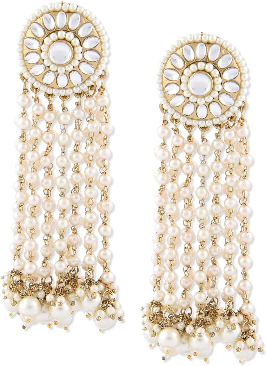 ZAVERI PEARLS Antique Gold Tone Kundan & Pearls Chain Fringe Dangle Earring For Women-ZPFK10136