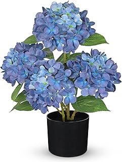 Hollyone Navy Blue Hydrangea Artificial Flowers in Pots 19.7" Four-Head Faux Silk Hydranges Flower Arrangements for Indoor Home Office Kitchen Table Centerpieces Wedding Decorations