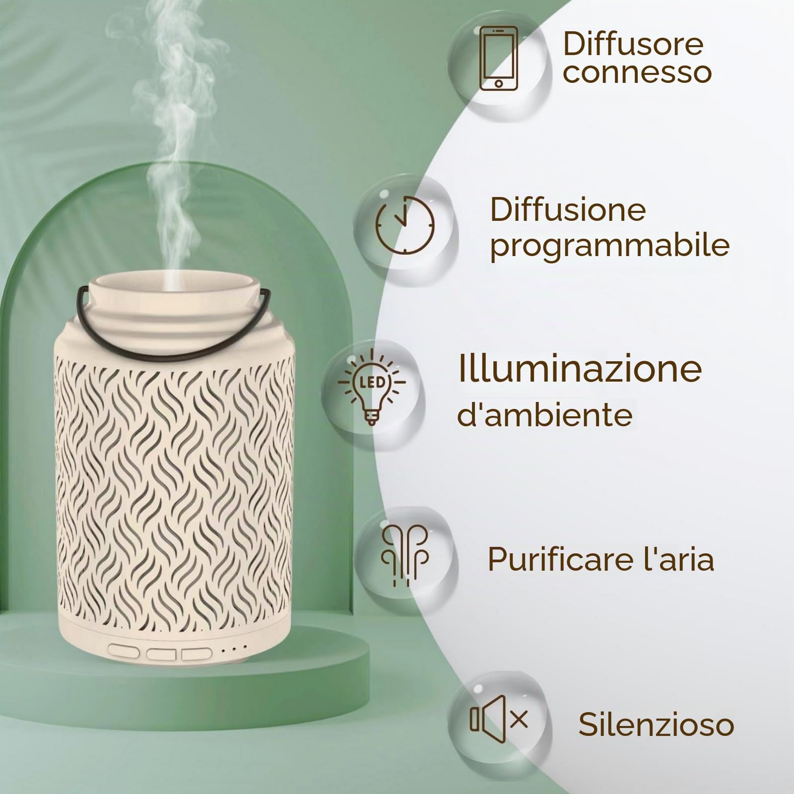 Zen'Aroma Diffusore di Olio Essenziale Wifi Venezia – Diffusore Elettrico Connesso Compatibile Alexa/Google Home – Controllo Totale a Distanza sull'APP Tuya Smart – Materiali Naturali Legno e Ceramica