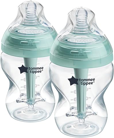 Tommee Tippee Biberón, biberón anticólicos óptimo, 260 ml, con tetina anatómica para agarre natural, varilla de ventilación anticólicos, pack de 2