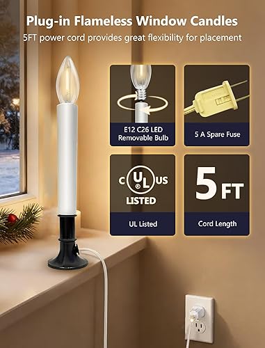 Miniatura 2 de Konictom Paquete de 4 velas eléctricas de Navidad para ventana, velas eléctricas de 9 pulgadas con sensor del atardecer al amanecer, luces de vela