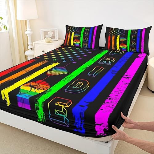 Manfei Juego de sábanas bajeras de tamaño individual, diseño de rayas de arcoíris, juego de ropa de cama de 2 piezas para adolescentes, niños,