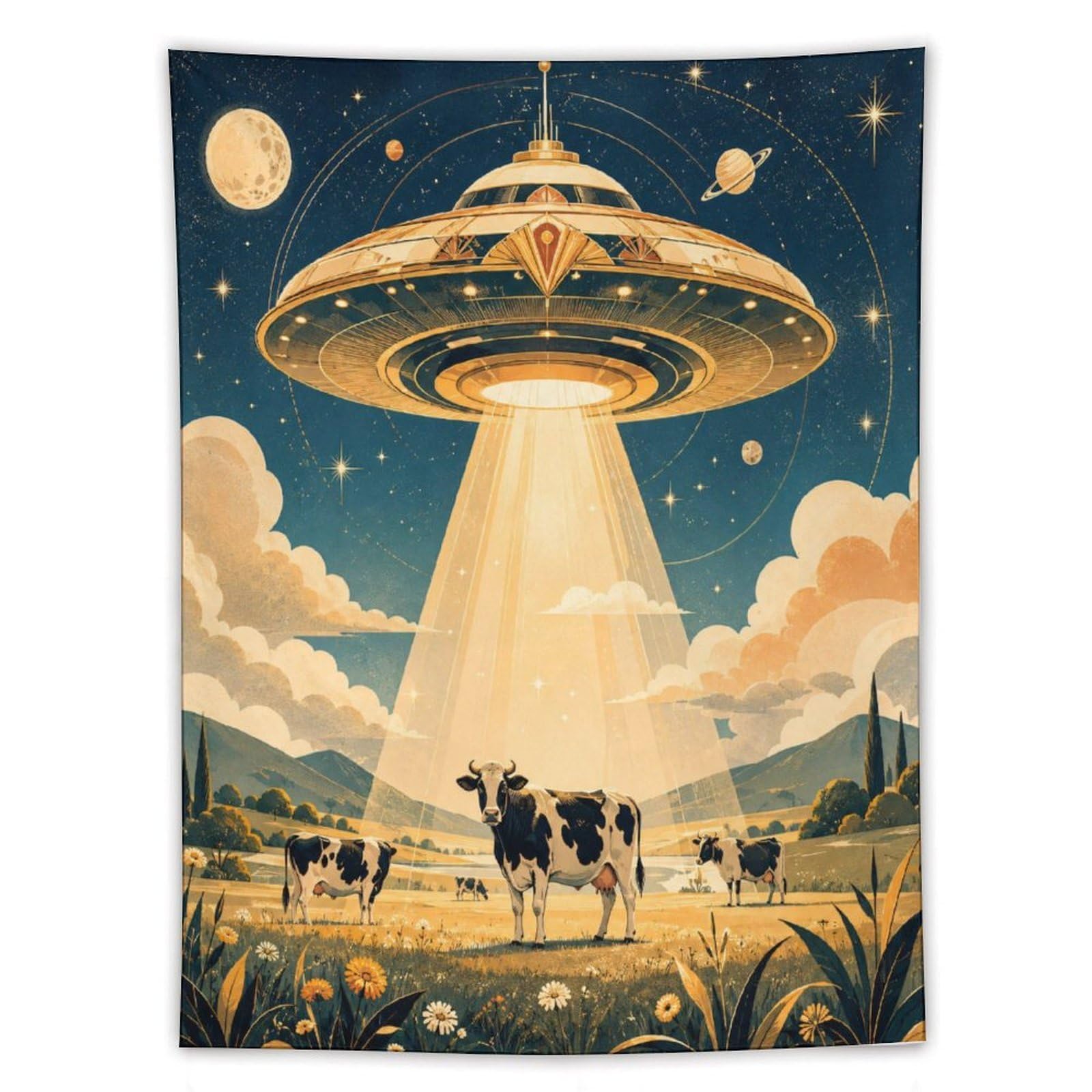 H3B8U2Y5 UFO Cattle Cosmic Sky Wall Tapestry, Oil Painting Style, Bedroom