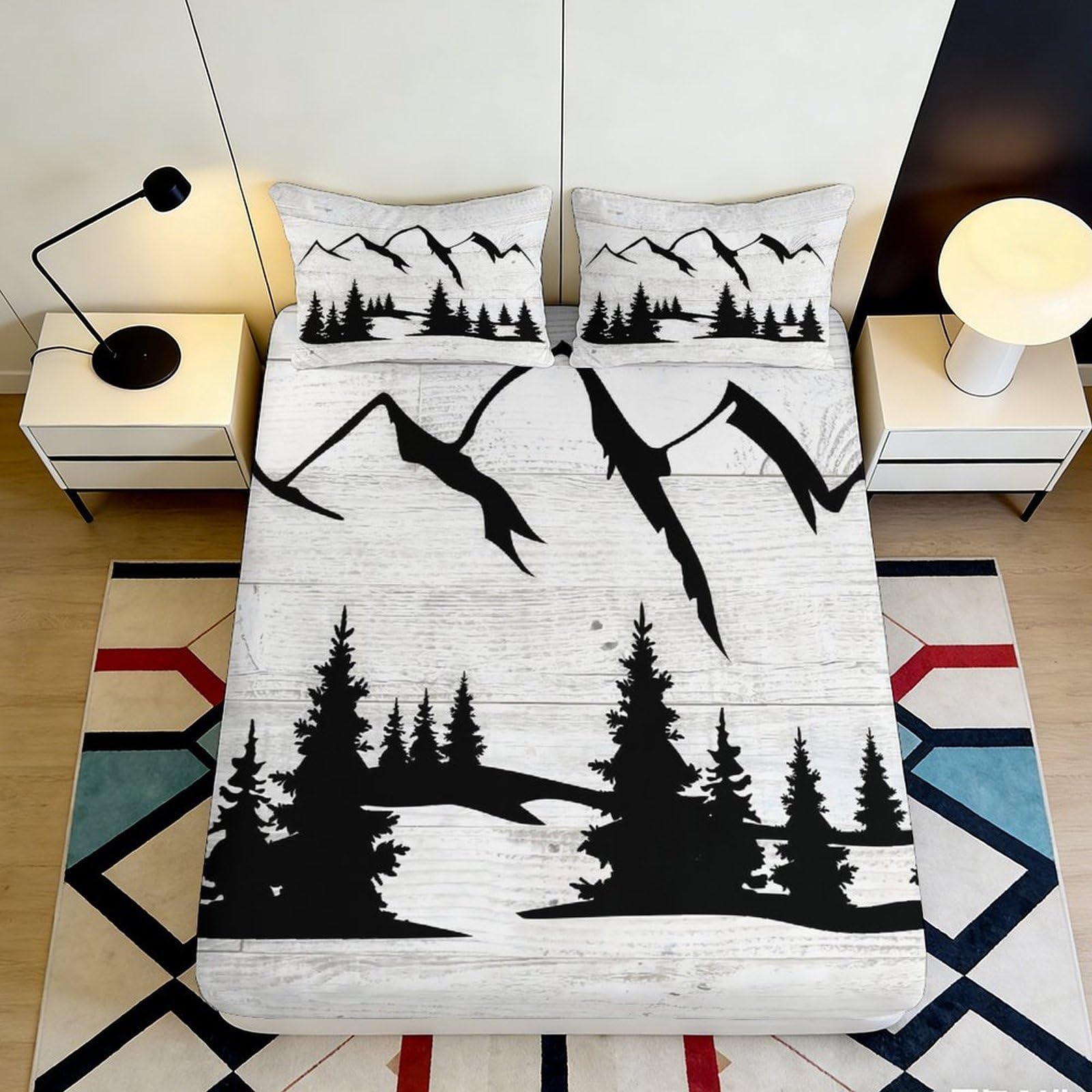 3D Printed Mountain Forest Fitted Sheet Microfiber Soft Black White River Bed Sheet for Bedroom Guest Room Decor 90x200x25cm