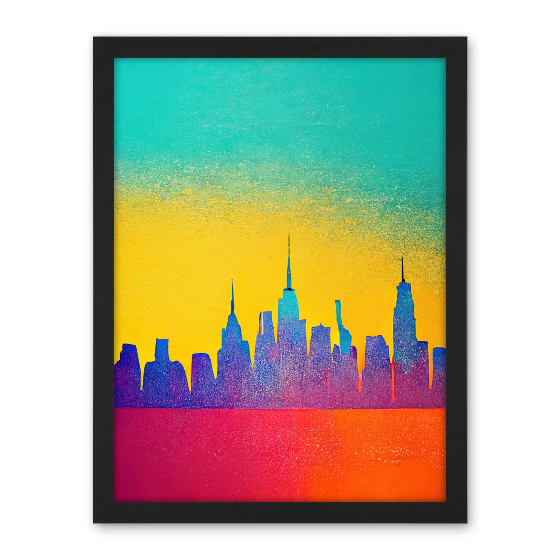 Wee Blue Coo Bright Colourful Abstract New York Skyline Cityscape Yellow Blue Coral Turquoise Artwork Framed Wall Art Print 18X24 Inch