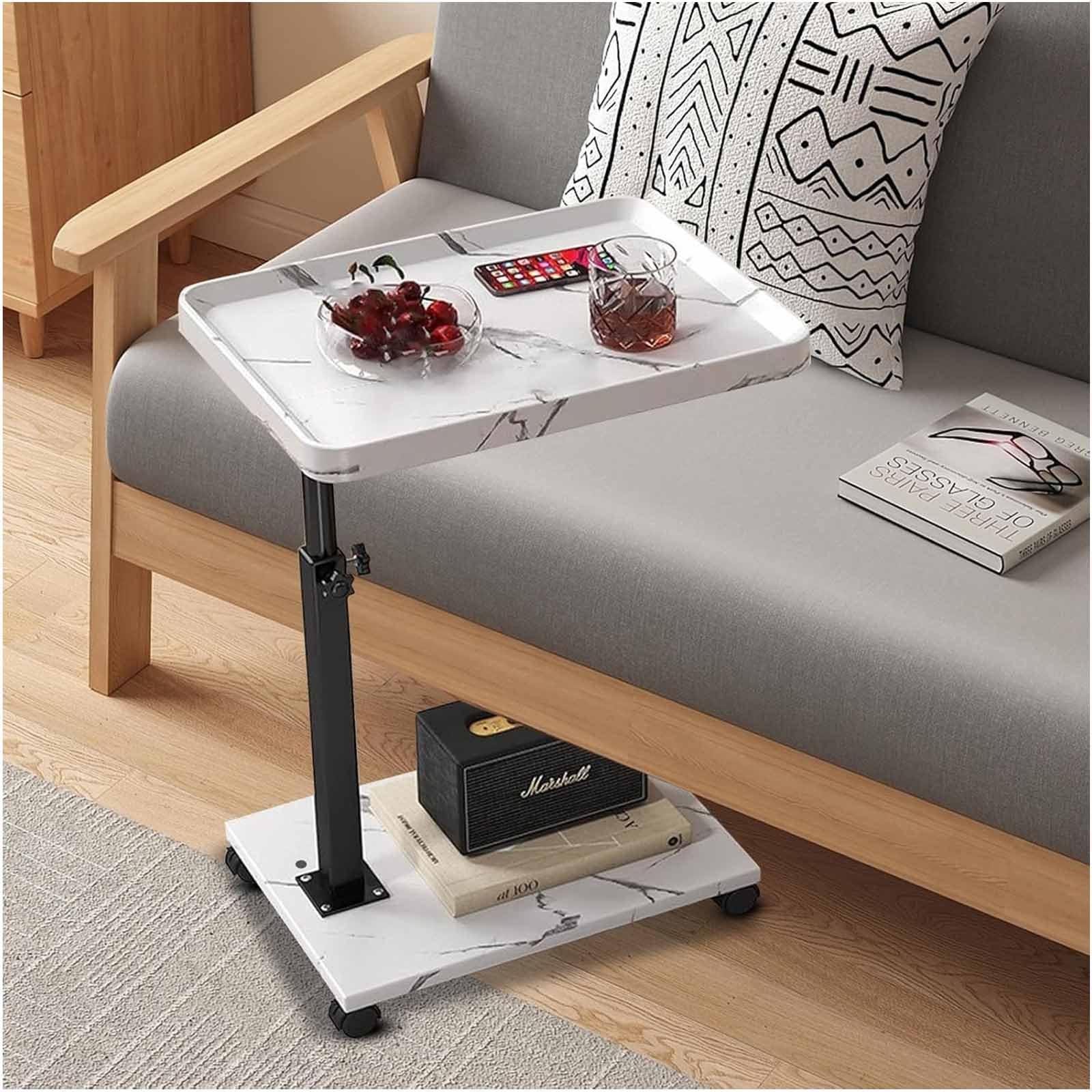 SXZenSpace C Table End Adjustable Height, Couch Tables That Slide Under, Shaped with Wheels, Small Side Living Room & Bedroom, Swivel Tray for Drink Snack,White