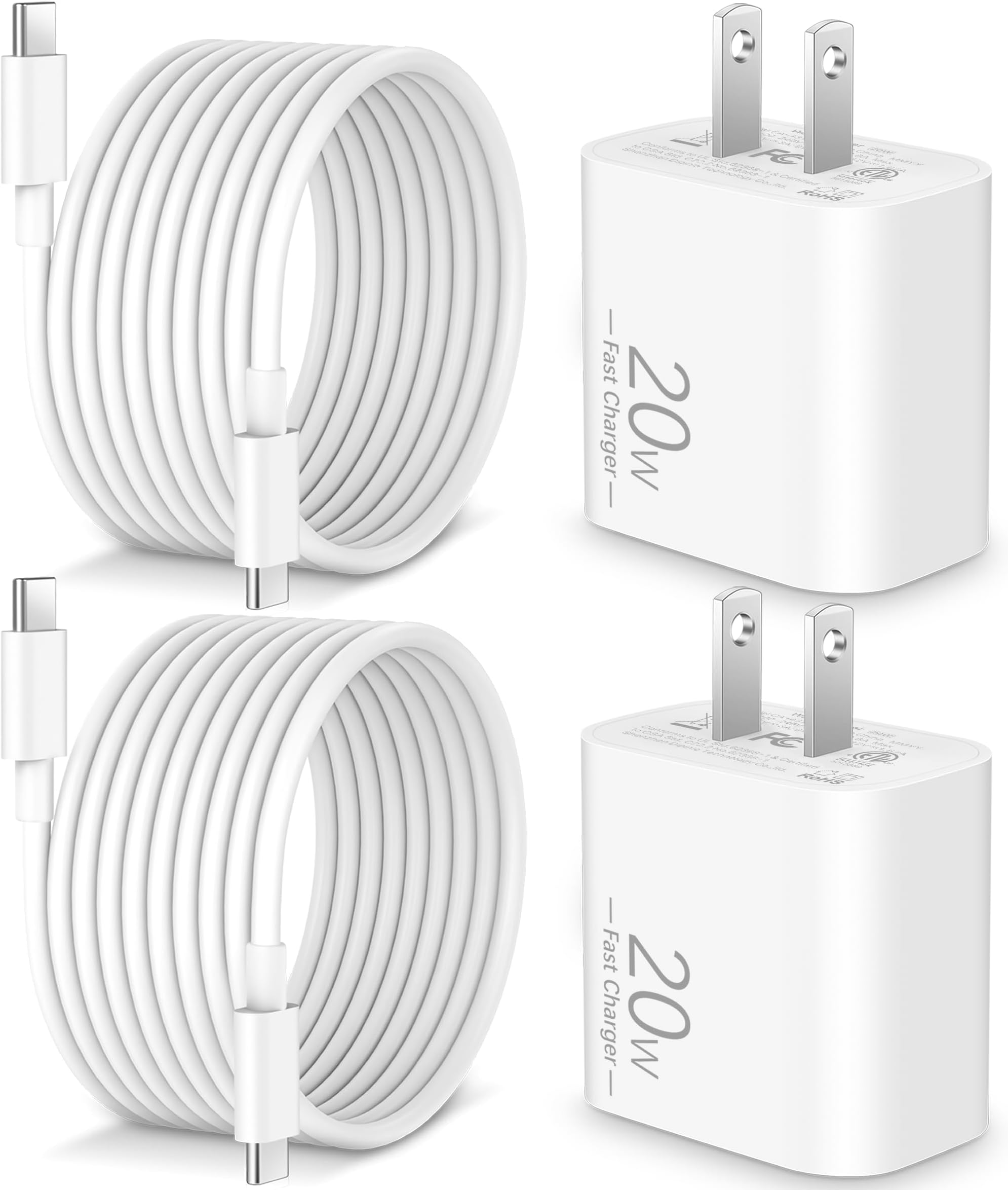 20W Fast Charger USB C for iPhone 17/Air/17 Pro Max/16/16 Pro Max/16 Plus/16e, iPad Pro 13/12.9/11 inch, iPad A16/10th, Air 5/Mini 6, AirPods, 2-Pack Type C Fast Charger Block & 10FT Long USB C Cable