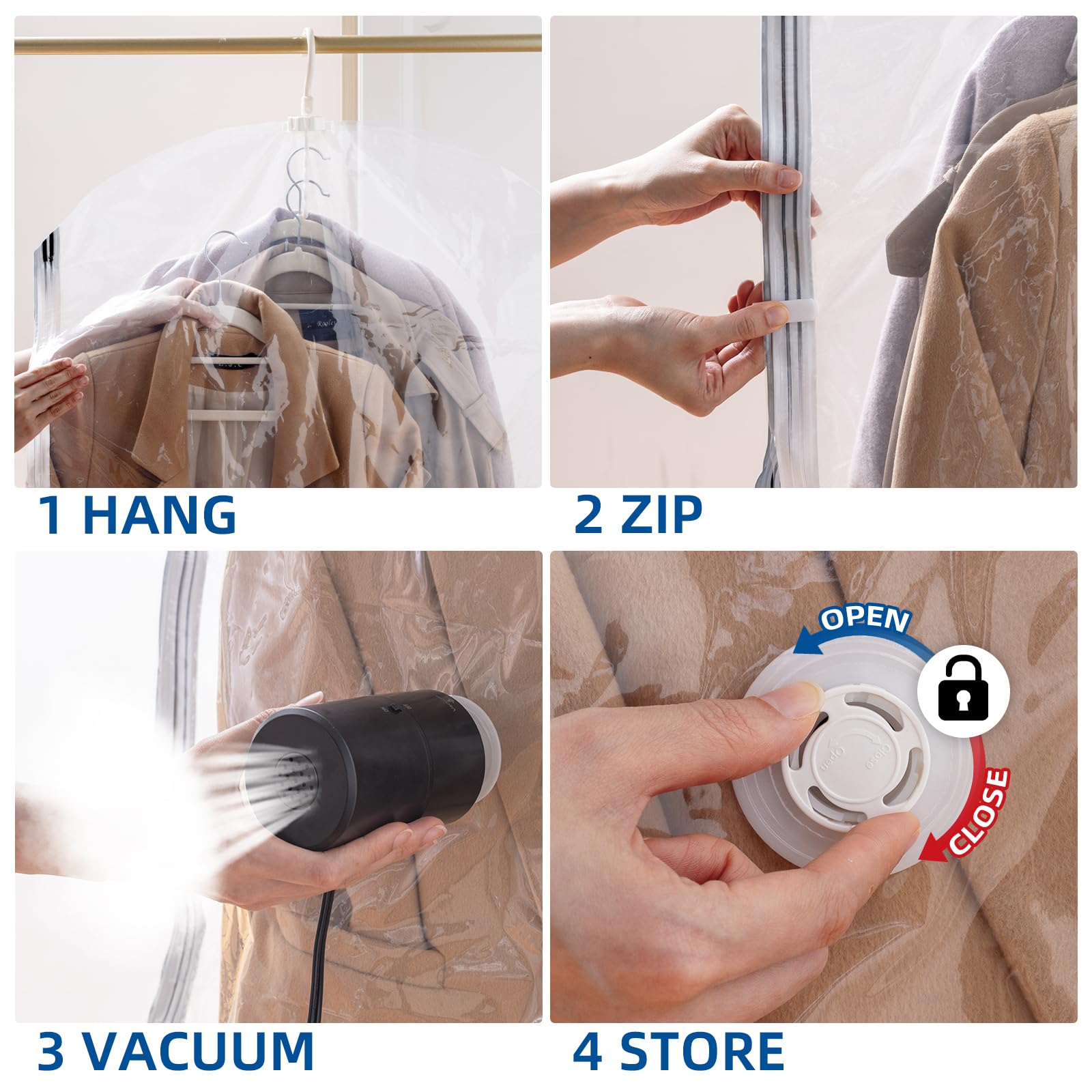 Sacchetti sottovuoto da appendere, confezione da 6, con pompa elettrica, ideali per abiti, vestiti e giacche (6 pezzi lunghi)