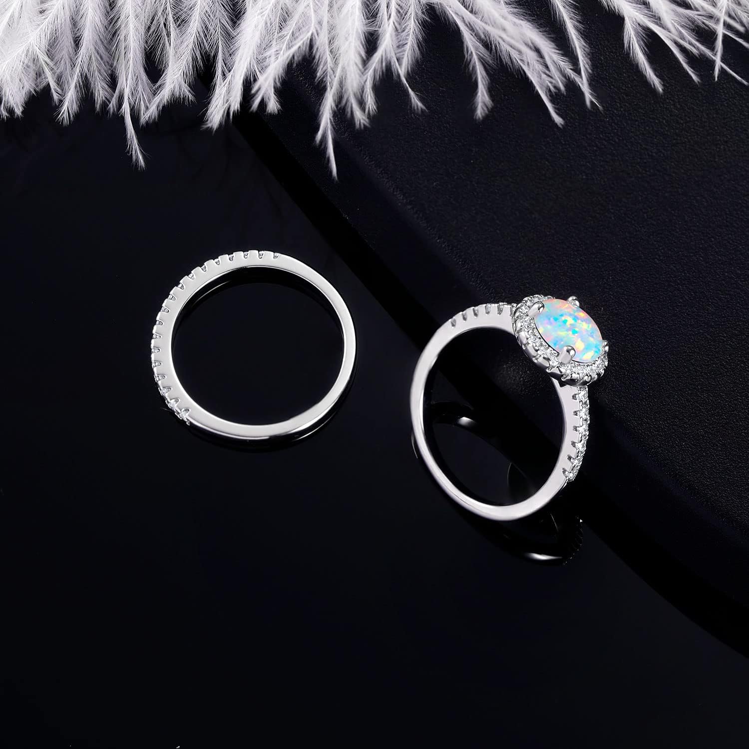 MDFUN Opal Engagement Halo Ring for Women Created Opal Cubic Zirconia 2 in 1 Rings Set 18k White Gold Plated Round CZ Promise Ring Bands Jewelry Gifts Size 5-10 - Image 3