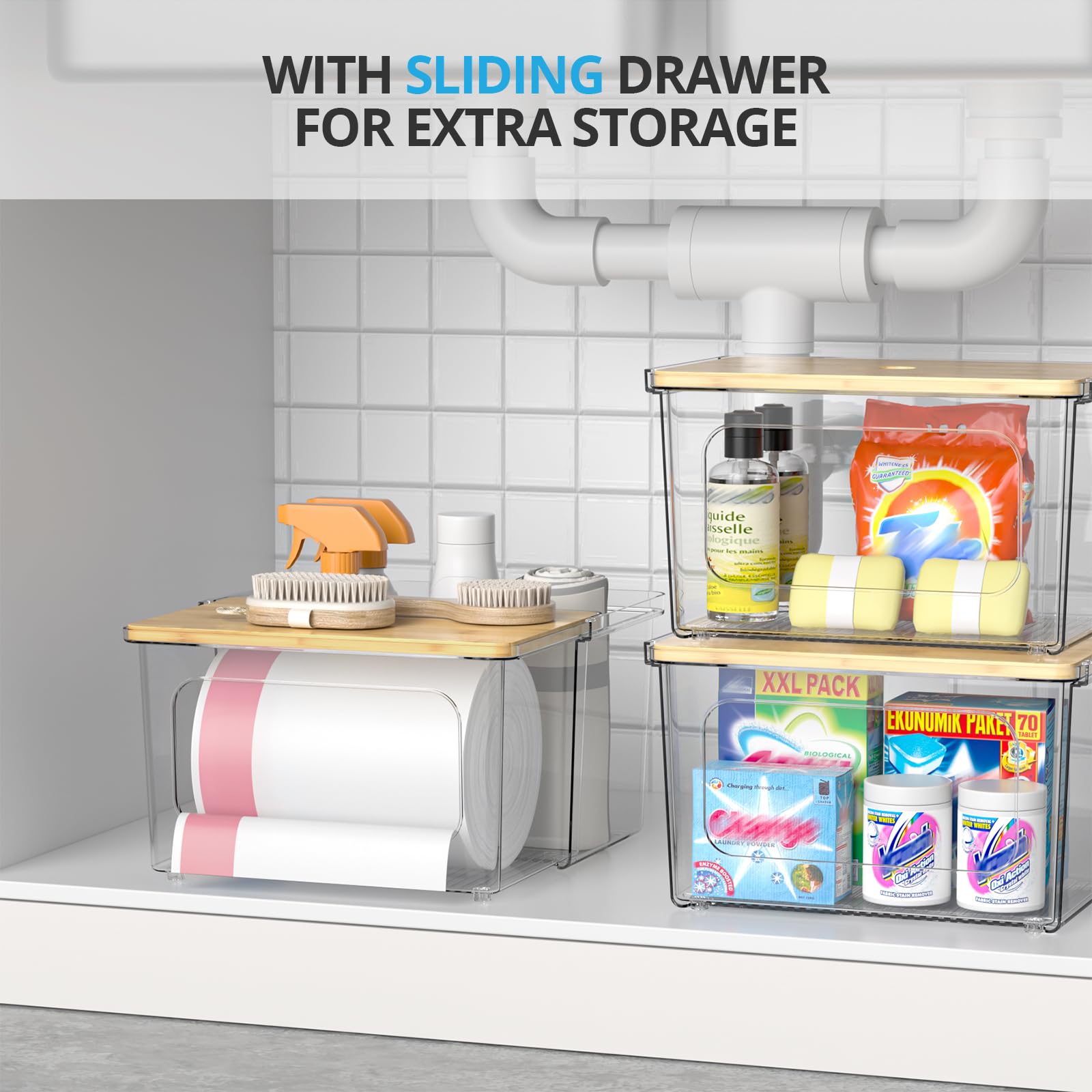 Dispensador de bolsas de basura, dispensador de bolsas de basura transparente con tapa de bambú y caja de cajón deslizante, soporte para bolsas de basura para cocina, debajo del fregadero
