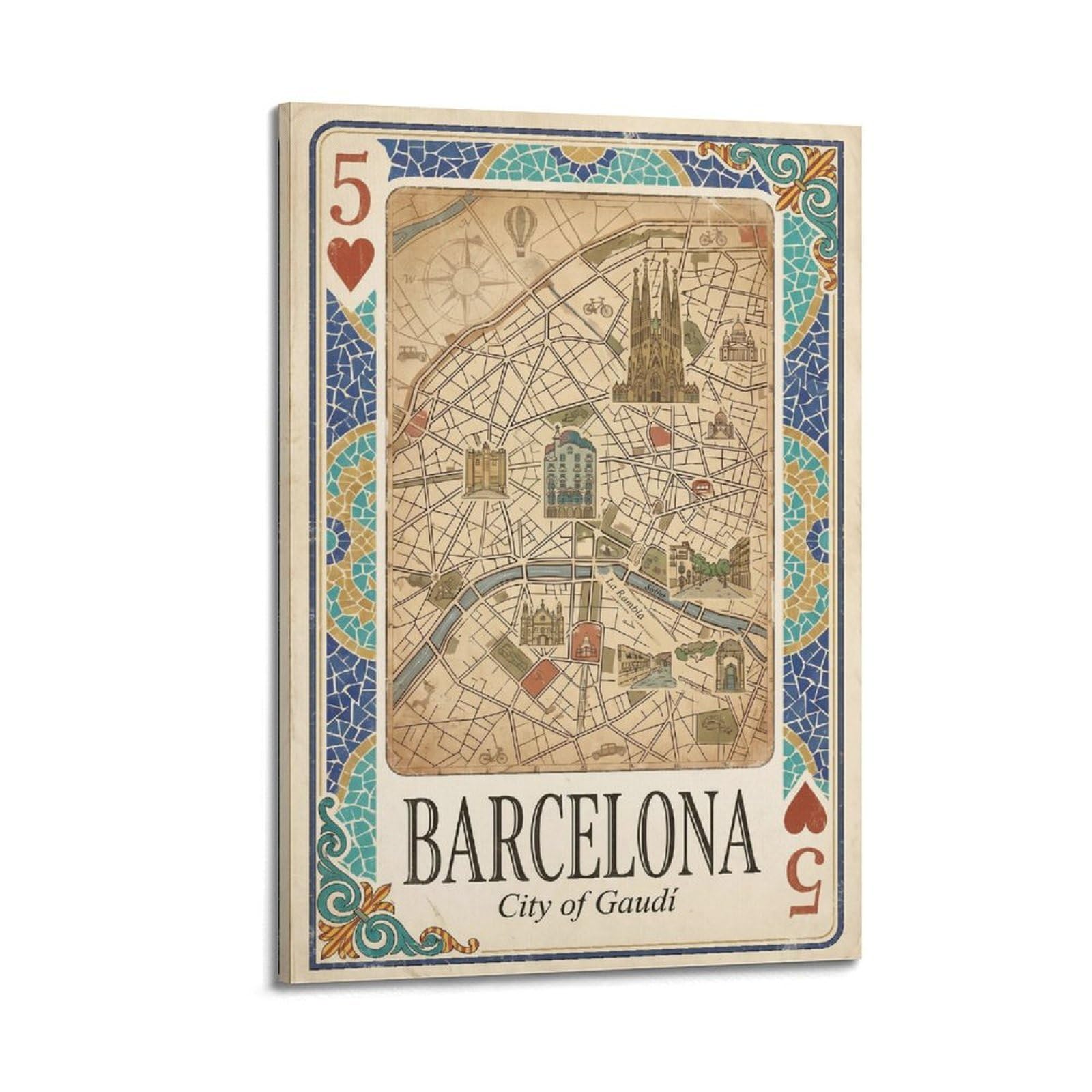 Okngb Frame-Style Vintage Barcelona Spain City Map 5 Of Hearts Playing Card Poster Decorative Painting Canvas Art Picture 24X36inch(60X90cm)