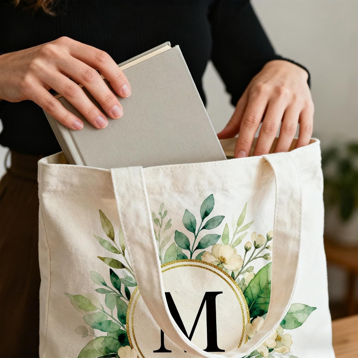 Letter Initial Canvas Tote Bag for Women, Personalized Floral Tote Bags for Woman Wedding, Reusable Birthday Bags for Gift, Cute Shoulder Bags for Shopping, Work&Daily Use, 14 * 15 in, 1PCS - Image 2