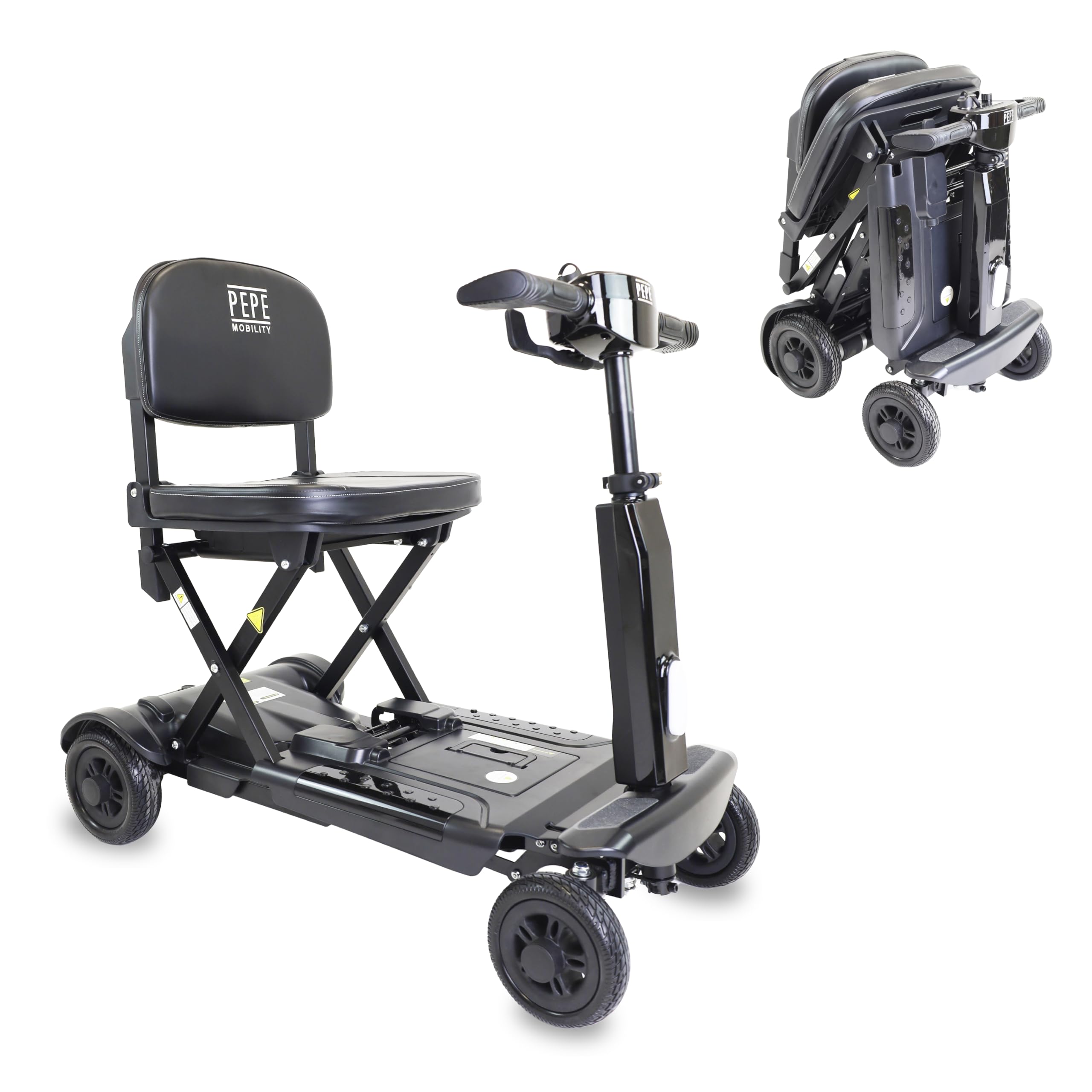 PEPE Mobility Scooter Eléctrico Plegable, Batería 10Ah, 4 Ruedas, Negro | Autonomía de 10 a 15 km, Litio Extraíble de 24V con 2 Llaves, Manillar Regulable, Asiento Acolchado, Luz LED y Claxon