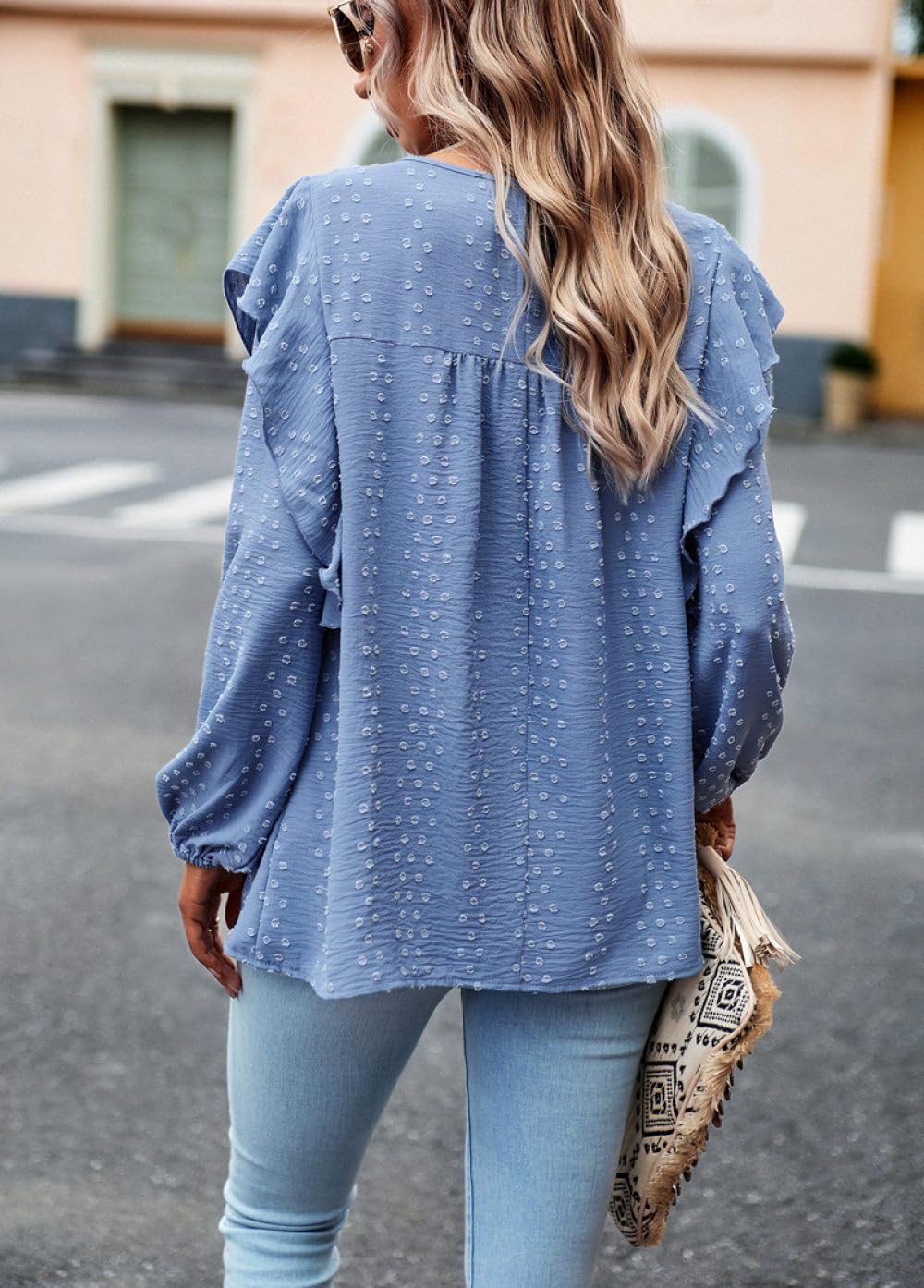 Blouse Femme Chic Et Élégant,Chemisier pour Femme Chemises À Manches Longues Bleu Solide Col Rond Bordure en Dentelle À Pois Volants Chemise Pull Plissée Élégante Chemise Décontractée Ample