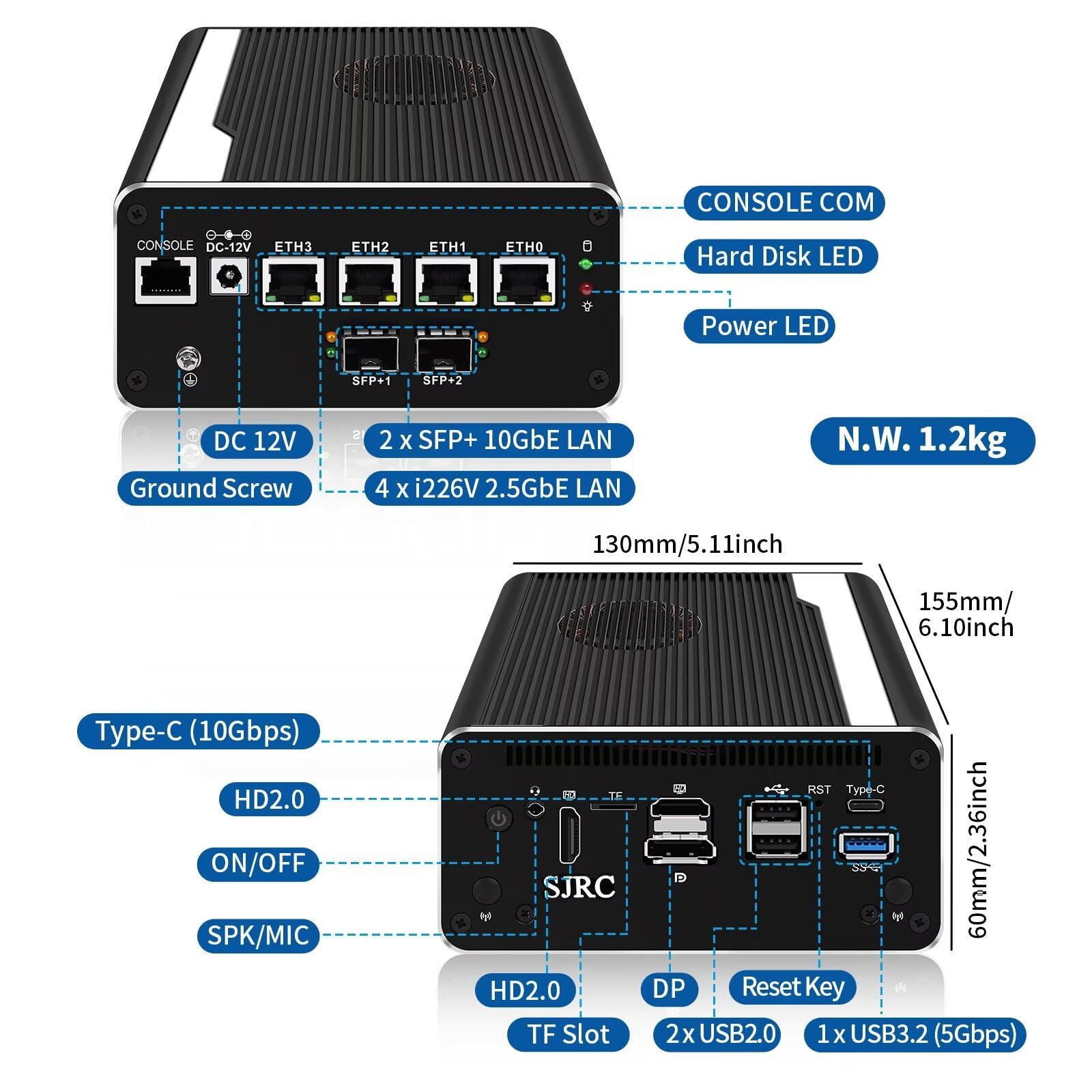 SJRC Firewall Mini PC 10 GbE, 5 cœurs 13e génération U300E Micro application, double SFP+ 10 Gigabit, 4 x i226 V 2,5 GbE LAN, DDR5 8 Go de RAM 128 Go SSD, prend en charge OPNsense, HD, DP, Typc-C, 4K