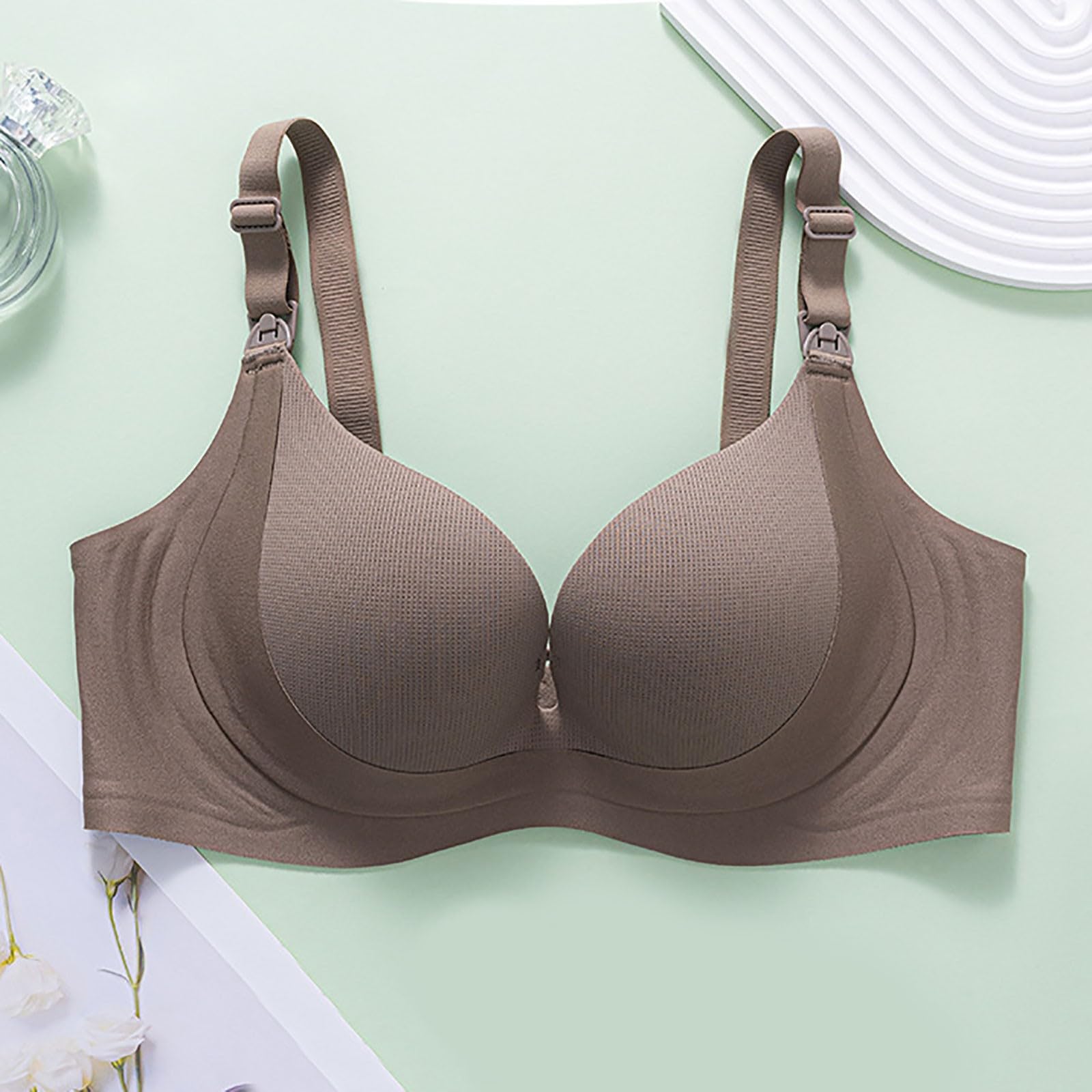 Women's Nursing Bra Thin Hollow Cup Breathable Maternity Push Up Sag, Brown, 16