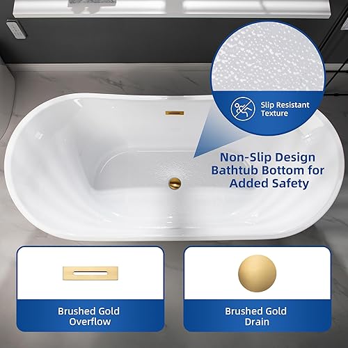 Miniatura 59 de WOODBRIDGE BTA1516-BG-Drain-&O - Bañera de acrílico independiente de 59 pulgadas con desbordamiento y drenaje de oro cepillado, BTA1516-BG-Drain-&O