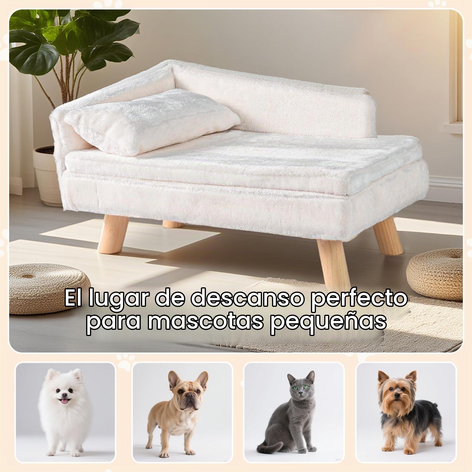 GYMAX Sofá para Gatos de Interior con Cojín Suave y Almohadilla de Asiento Cómoda, Cama Sofá para Perros con Respaldo Alto y Patas de Madera, Cama Resistente para Mascotas (Beige)