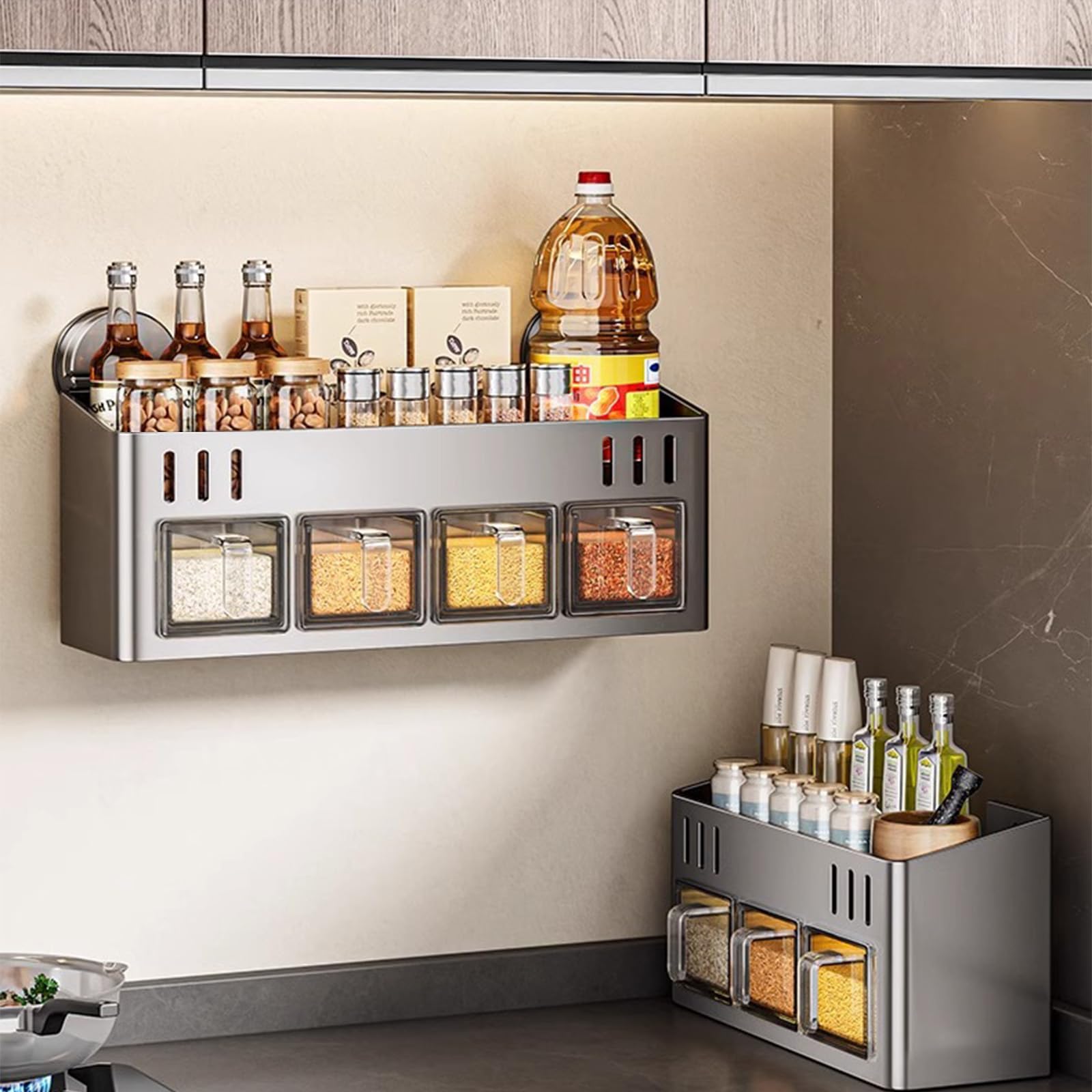 Estante para especias con botes de especias, montaje con ventosa, organizador de especias, soporte para especias de pared con gran capacidad, sin taladrar, soporte para especias para cocina