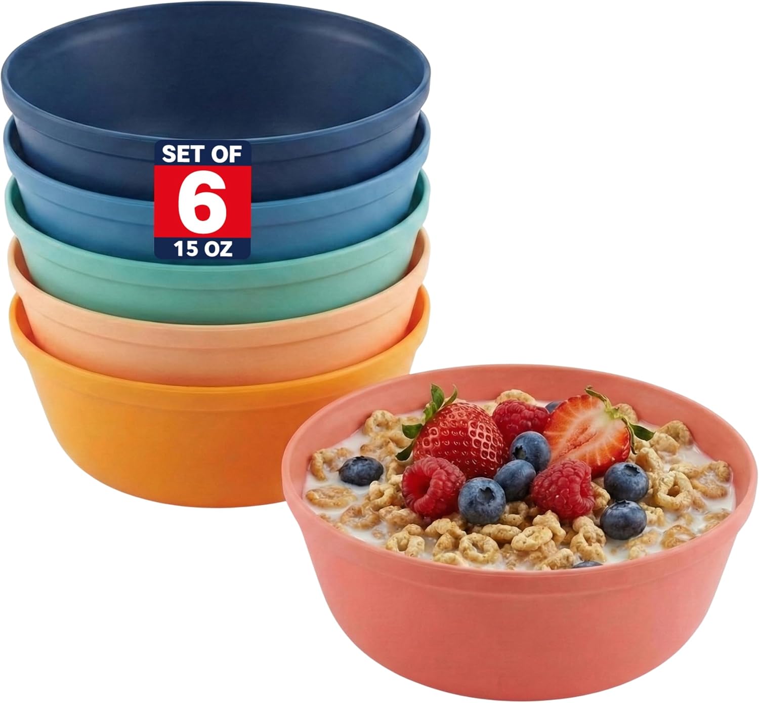 MASTERCOOK Plastic Bowls Set of 6 – 15oz Multipurpose Deep Plates Salad and Pasta Bowls Ideal for Home, Kids, Parties – Stackable Bowl for Kitchen – Non-BPA and Food Grade – Cute Colors