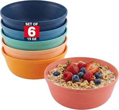 MASTERCOOK Plastic Bowls Set of 6 15oz Multipurpose Deep Plates Salad and Pasta Bowls Ideal for Home, Kids, Parties Stackable Bowl for Kitchen Non-BPA and Food Grade Cute Colors