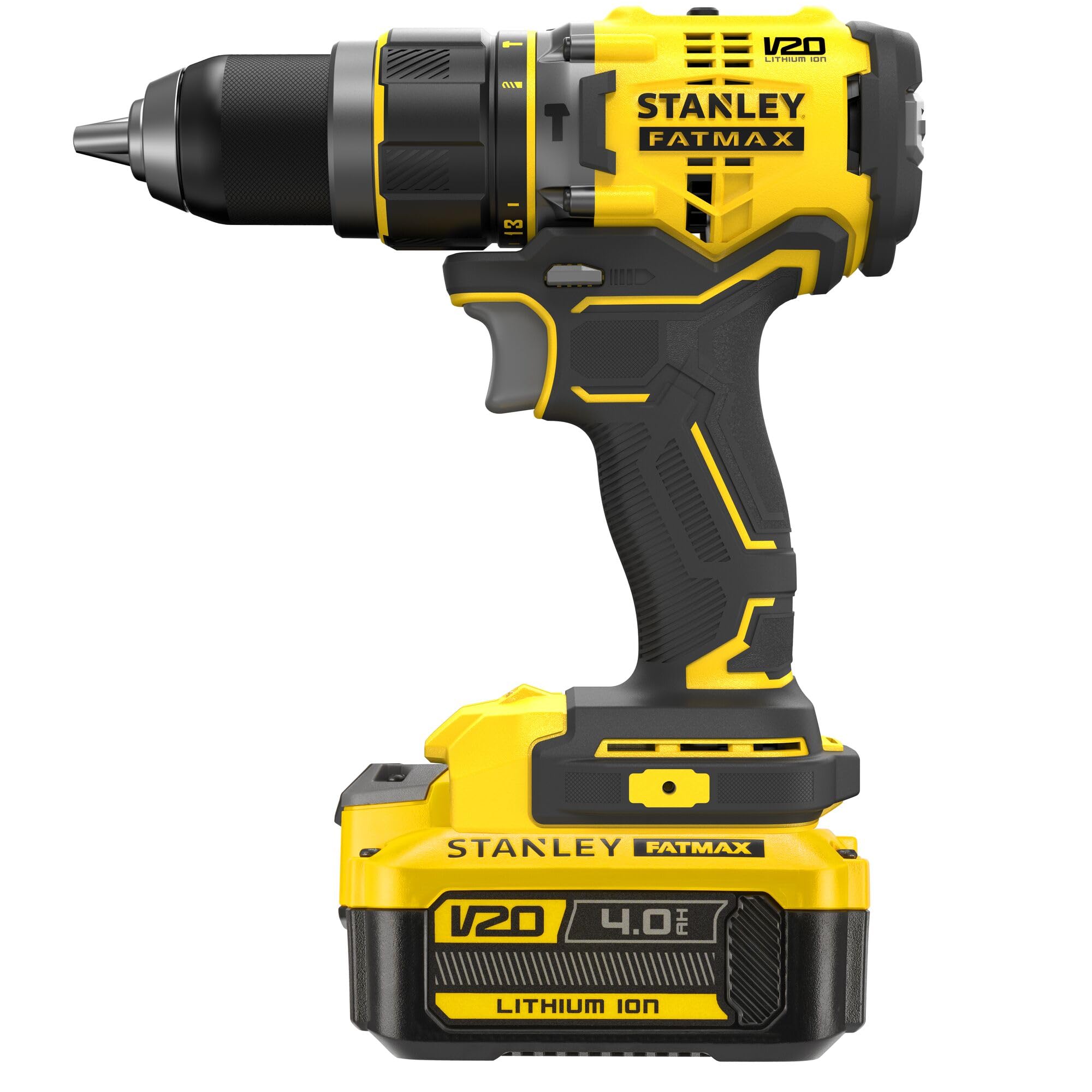 STANLEY FATMAX SFMCD721M2K-QW - Taladro Percutor 18V, Gama V20, Motor sin escobillas, Par máx. 80 Nm, Engranaje metálico de 2 velocidades, Luz LED, Incl. 2 baterías 4,0 Ah, cargador y maletín