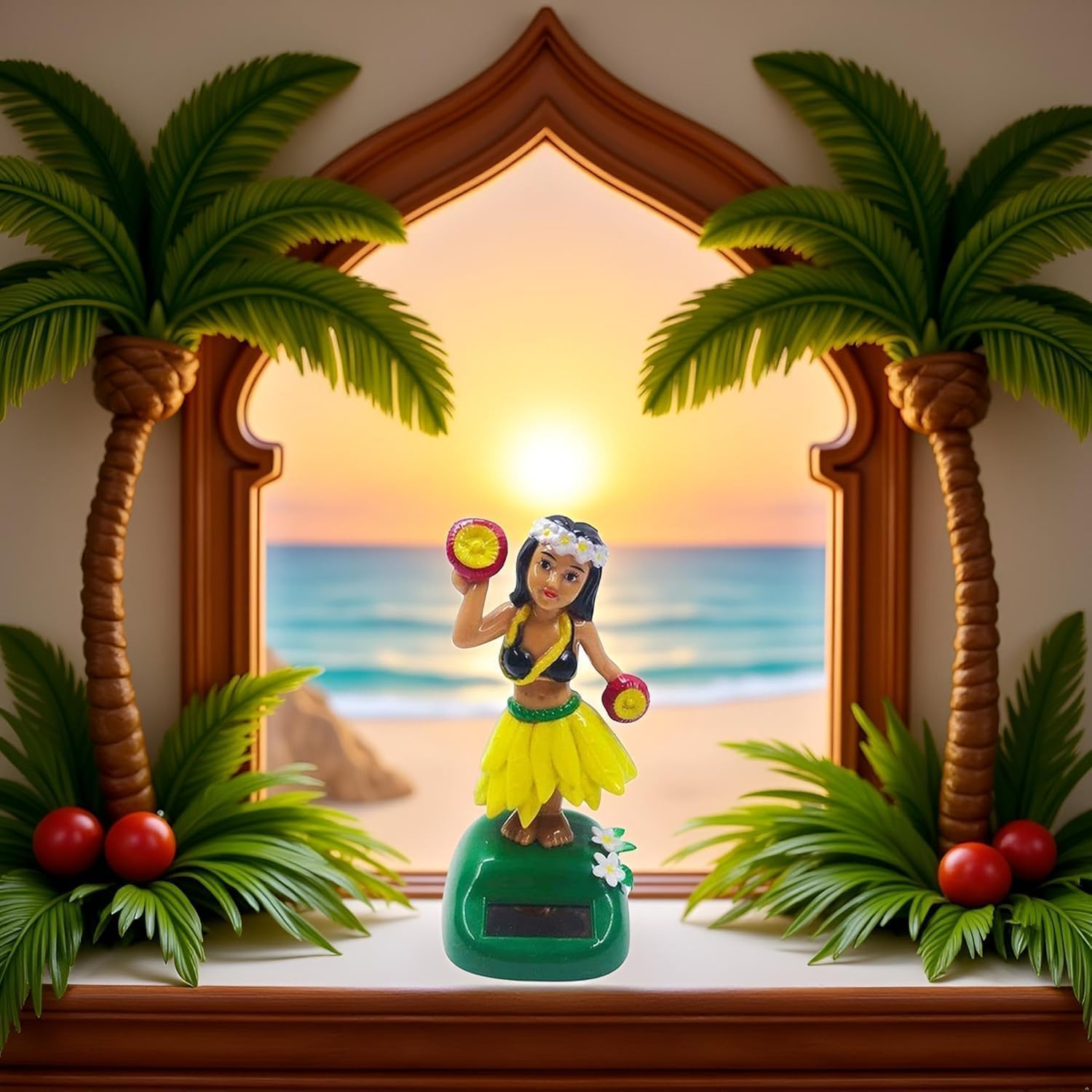 Yellow Hawaiian Dashboard Ornament with Kinetic Dance Motion, Solar-Powered Hula Girl Car Decor,Auto Interior Accessories & Tropical Home Decor for Office/Party Multi-Scene Decoration