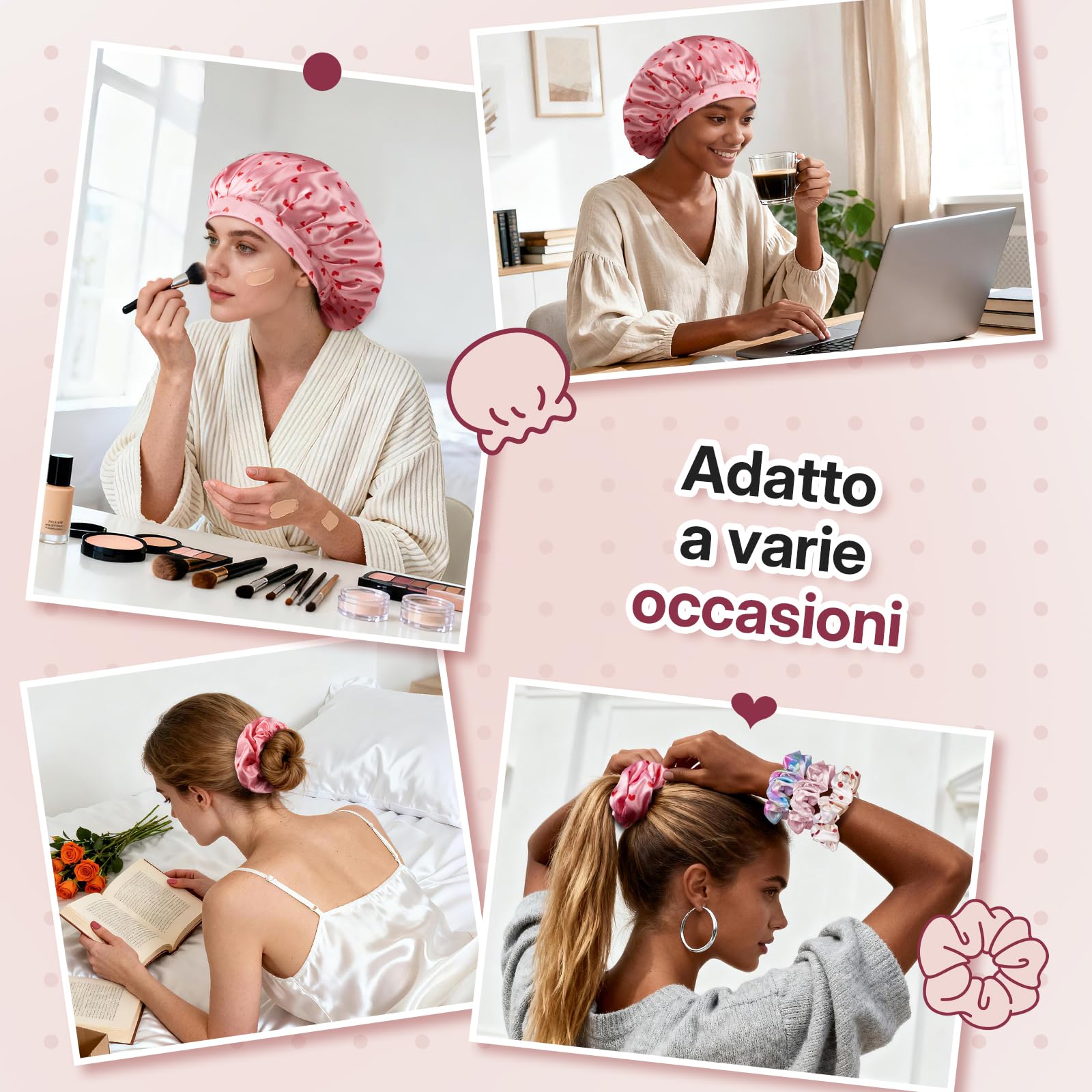 LitBear Cappello da notte da donna per dormire, regolabile a doppio strato di raso con elastici per capelli naturali ricci